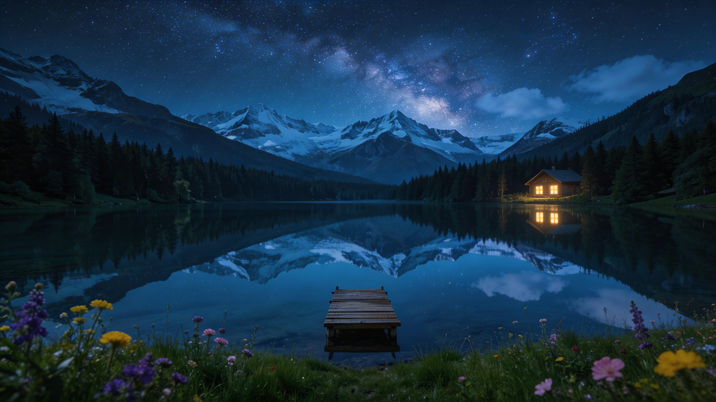 Lake transformed to night with Milky Way