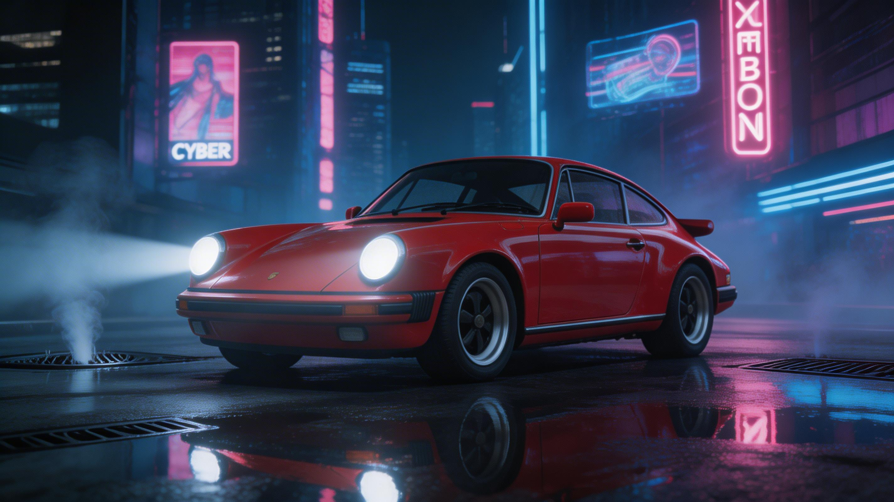 Car transformed to cyberpunk scene