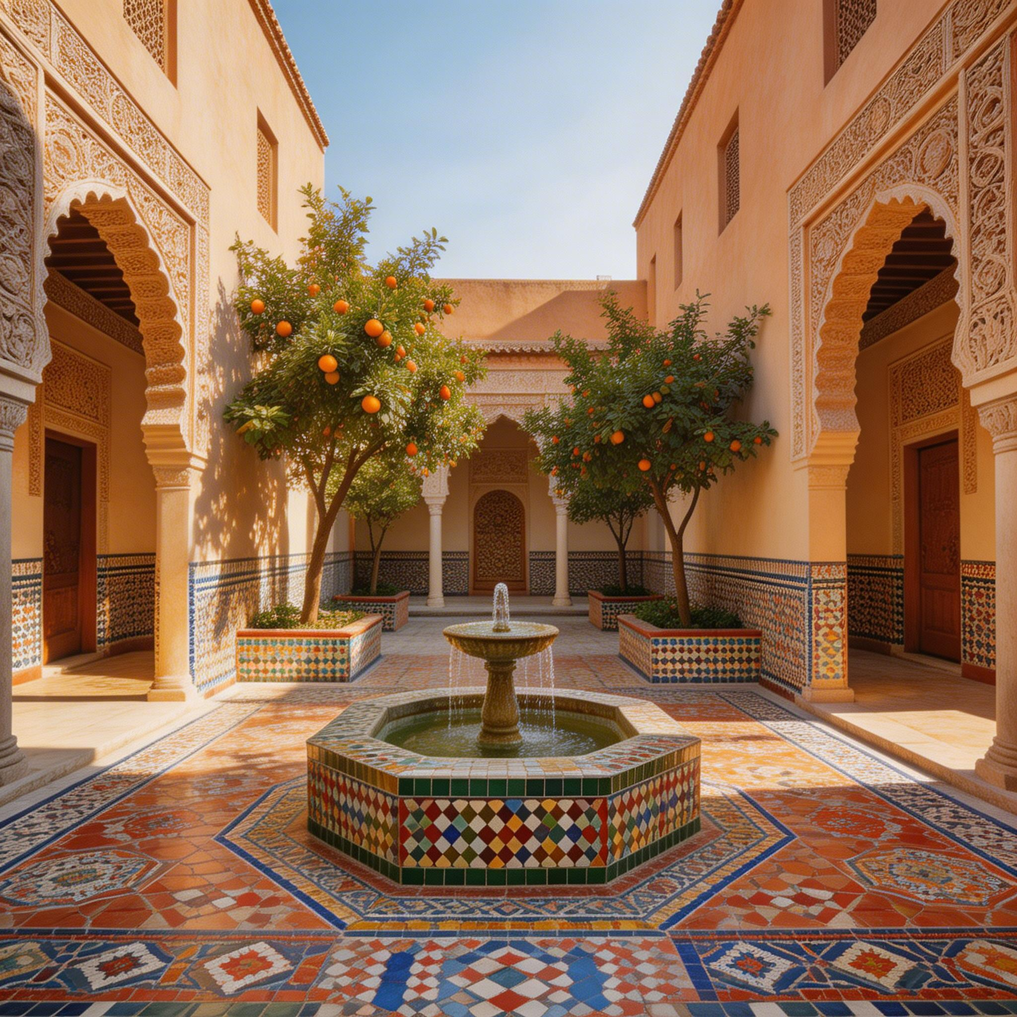Zellige tiles, central fountain, orange trees, ornate arches