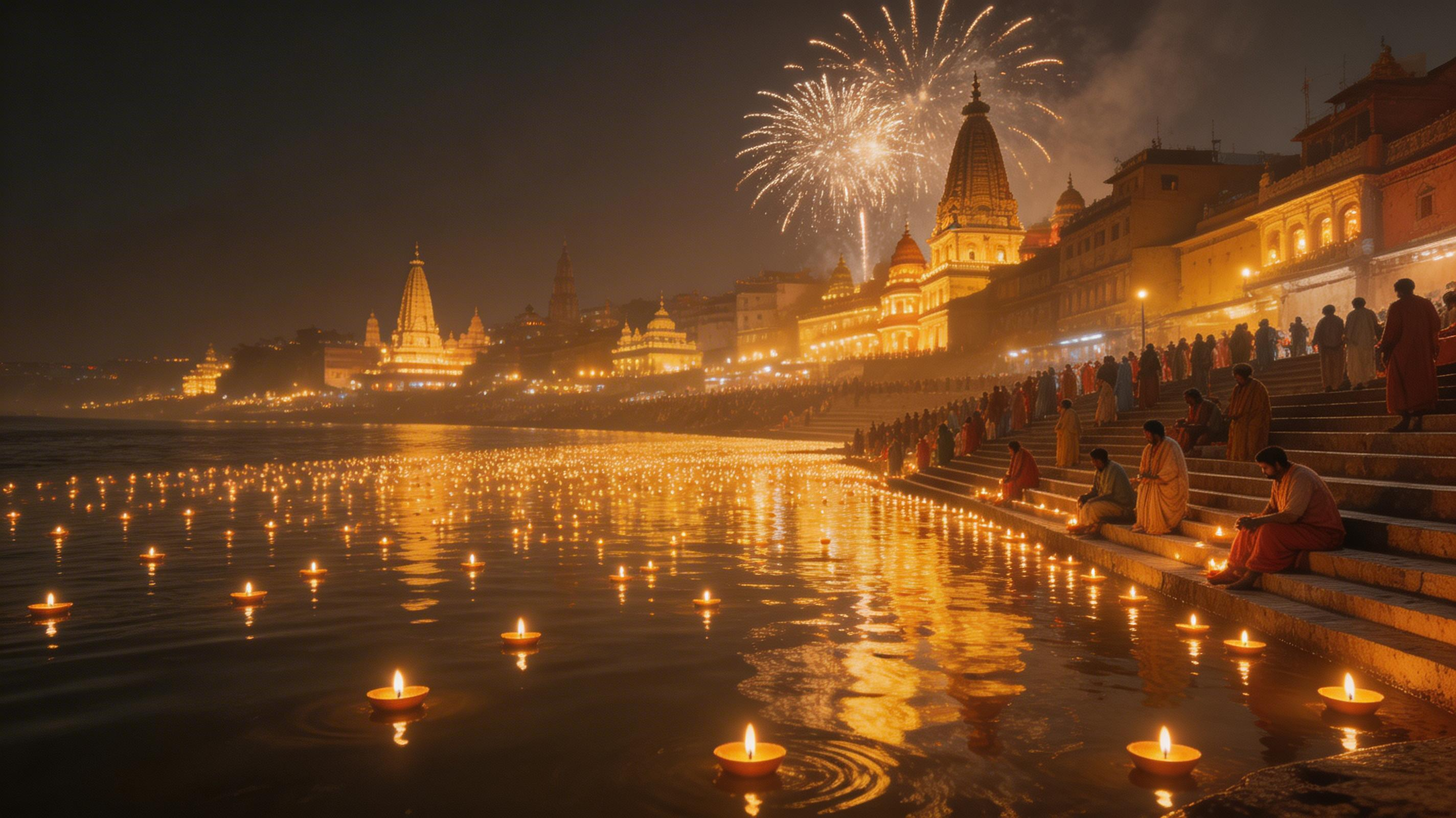 Thousands of floating diyas on the Ganges with golden reflections