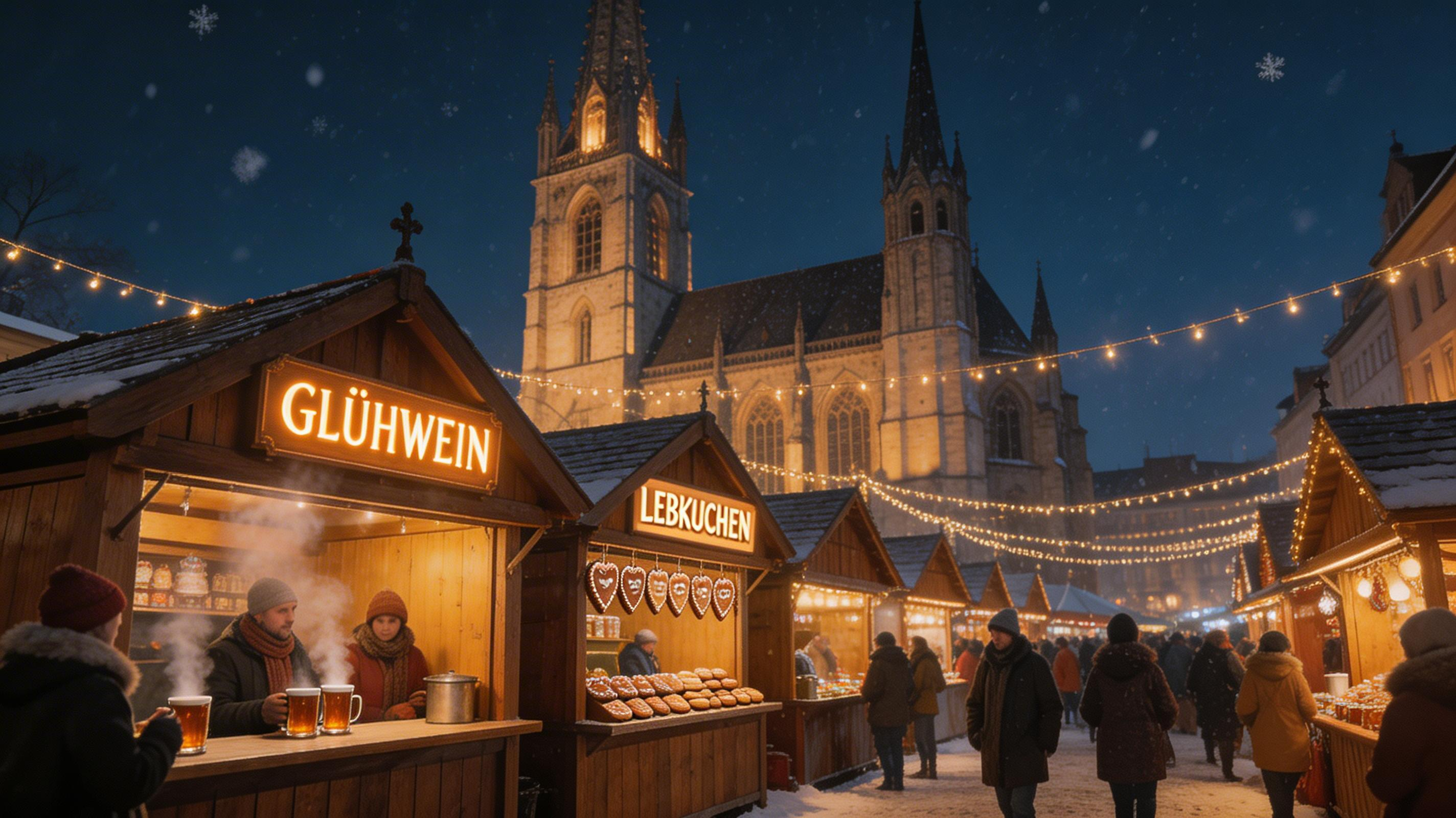 Wooden stalls, Glühwein, gingerbread, gothic church, gentle snowfall