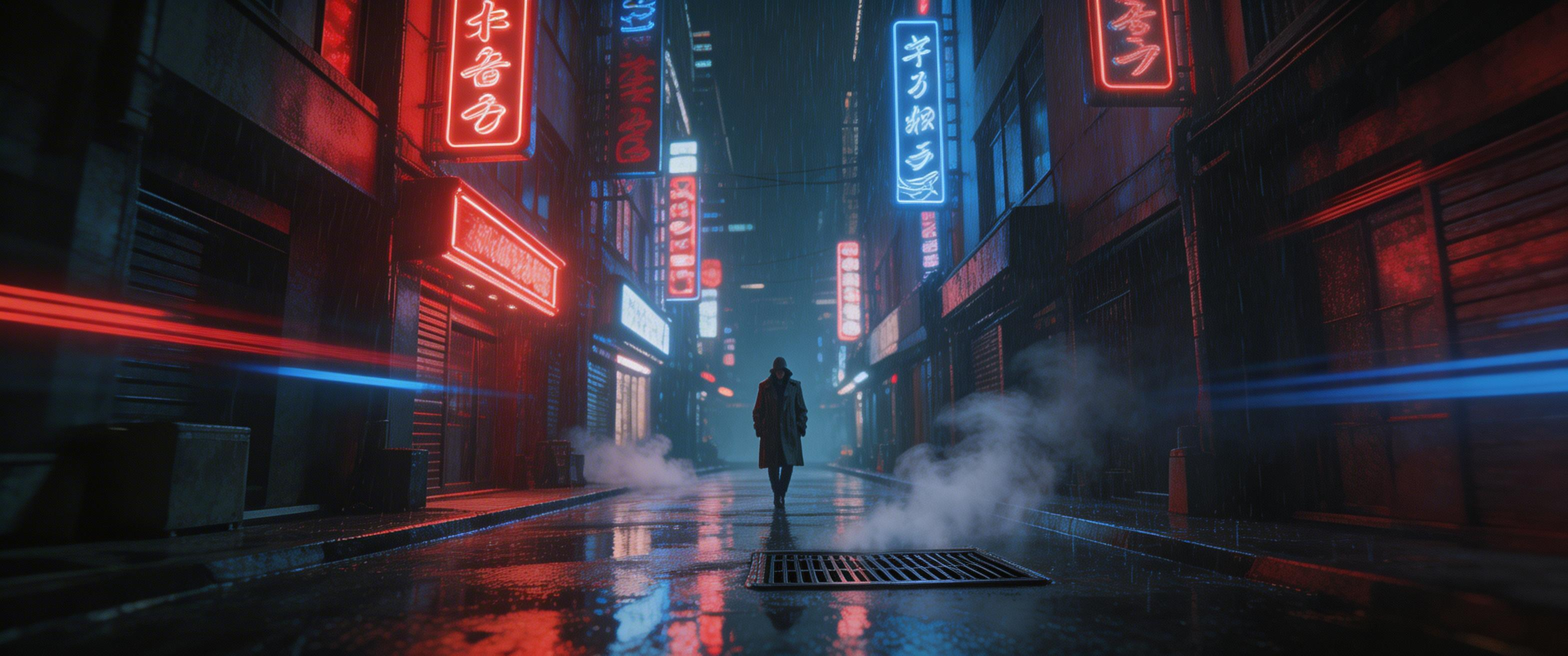 Anamorphic lens flares, neon reflections, rain-soaked streets