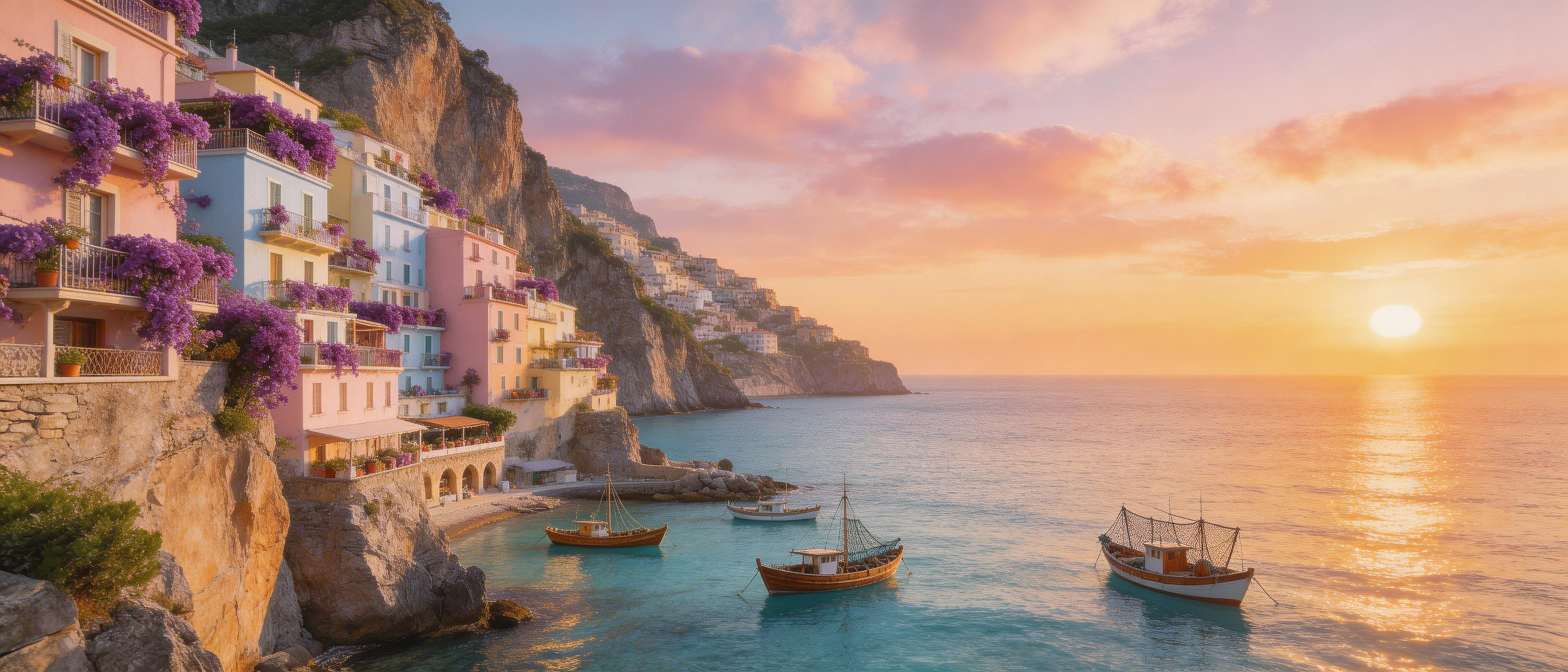 Pastel houses clinging to cliffs above turquoise sea