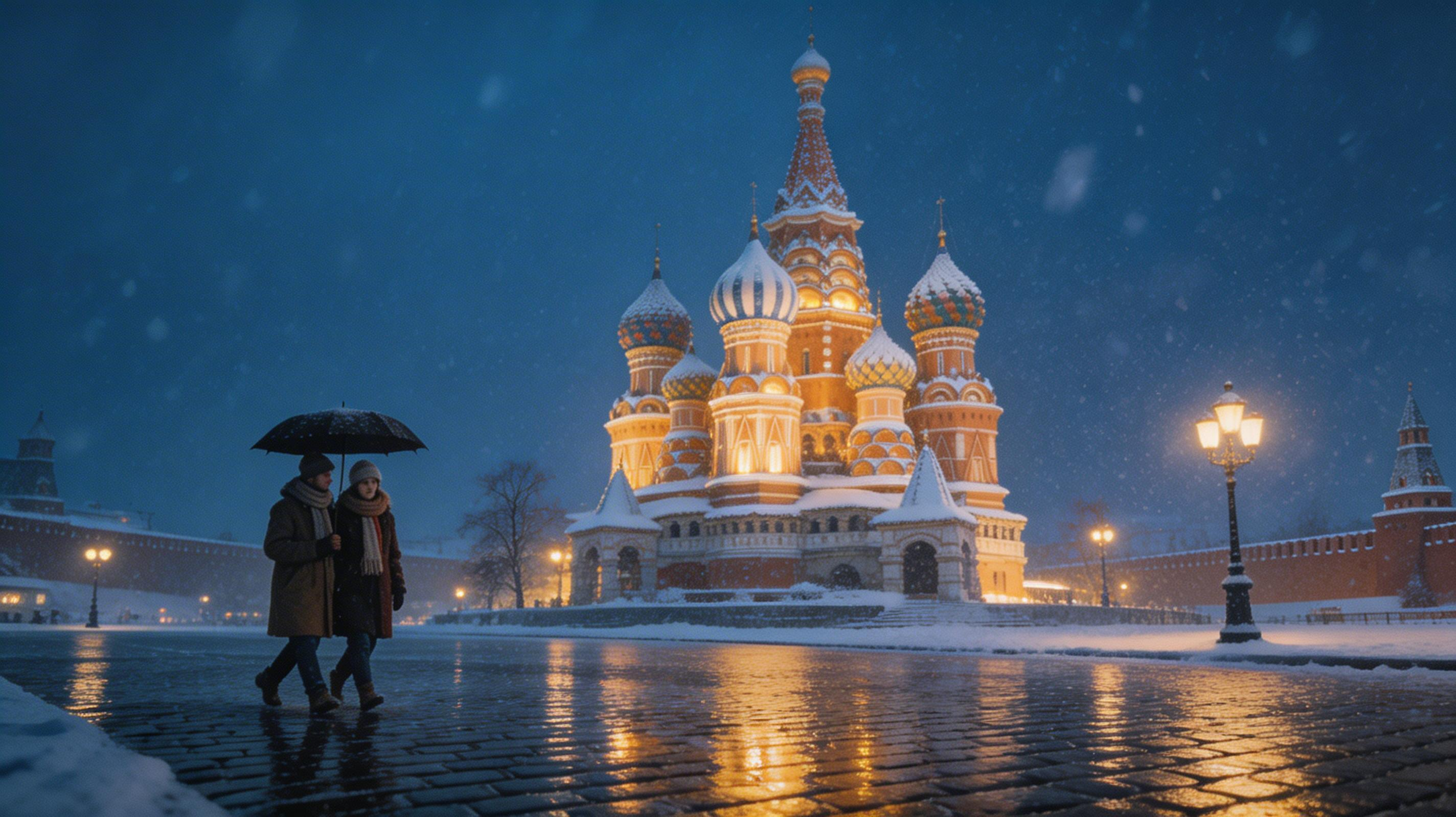 St. Basils covered in snow with a couple in a blizzard