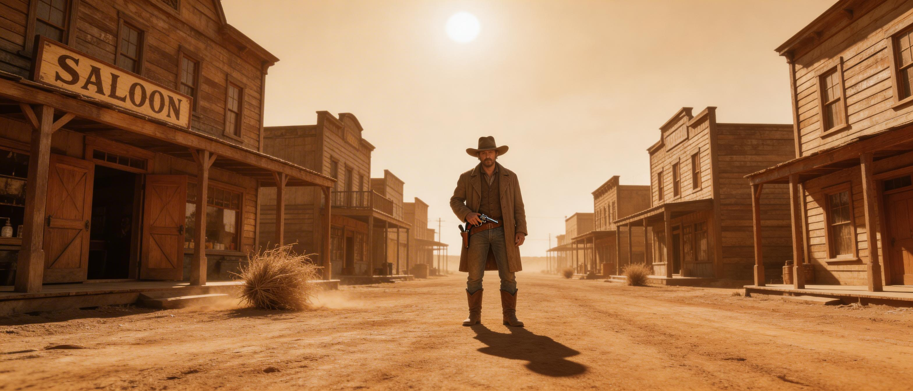 Sergio Leone framing with harsh noon light and tumbleweeds