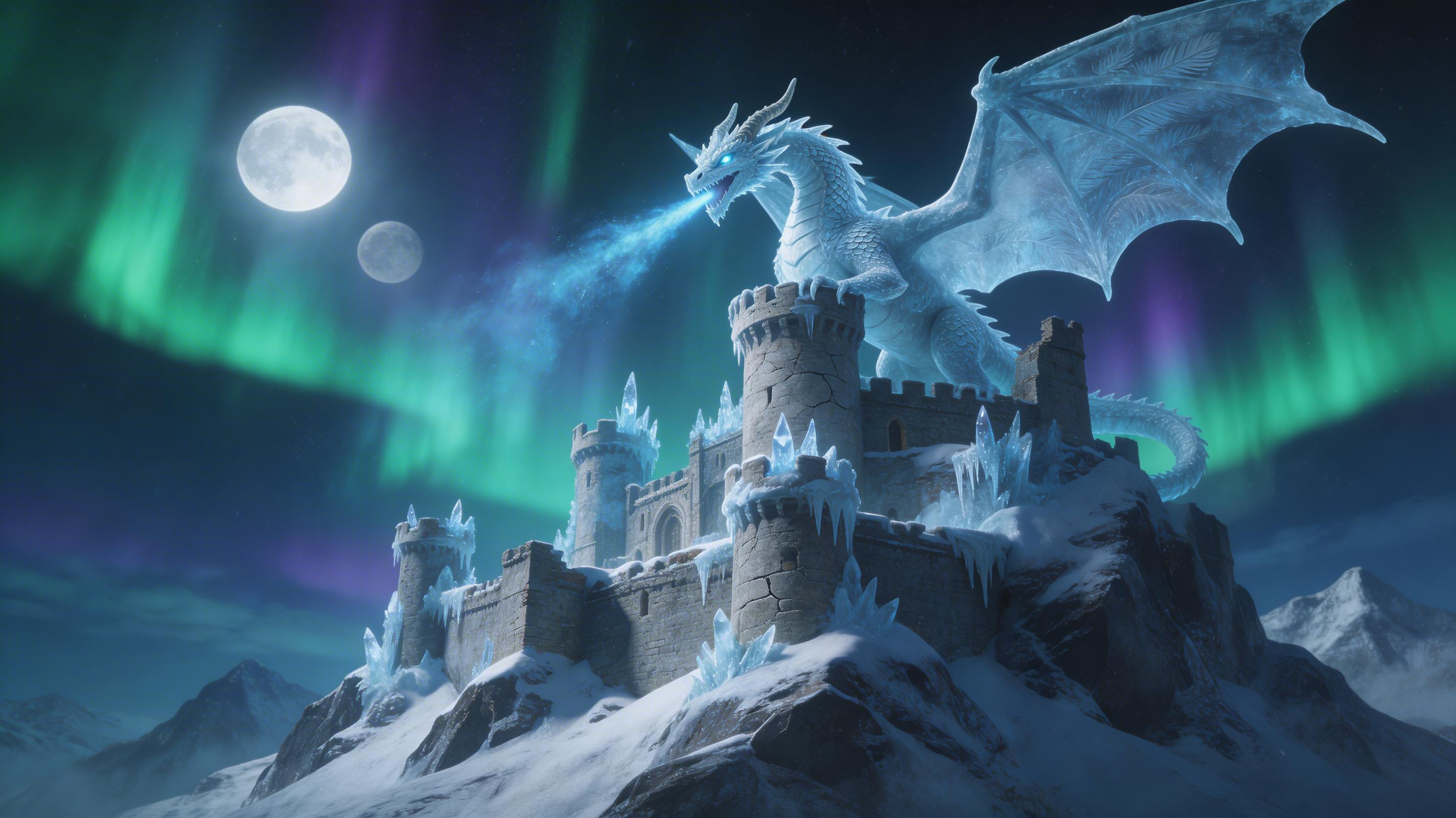 Twin moons, aurora borealis, crystalline frost breath