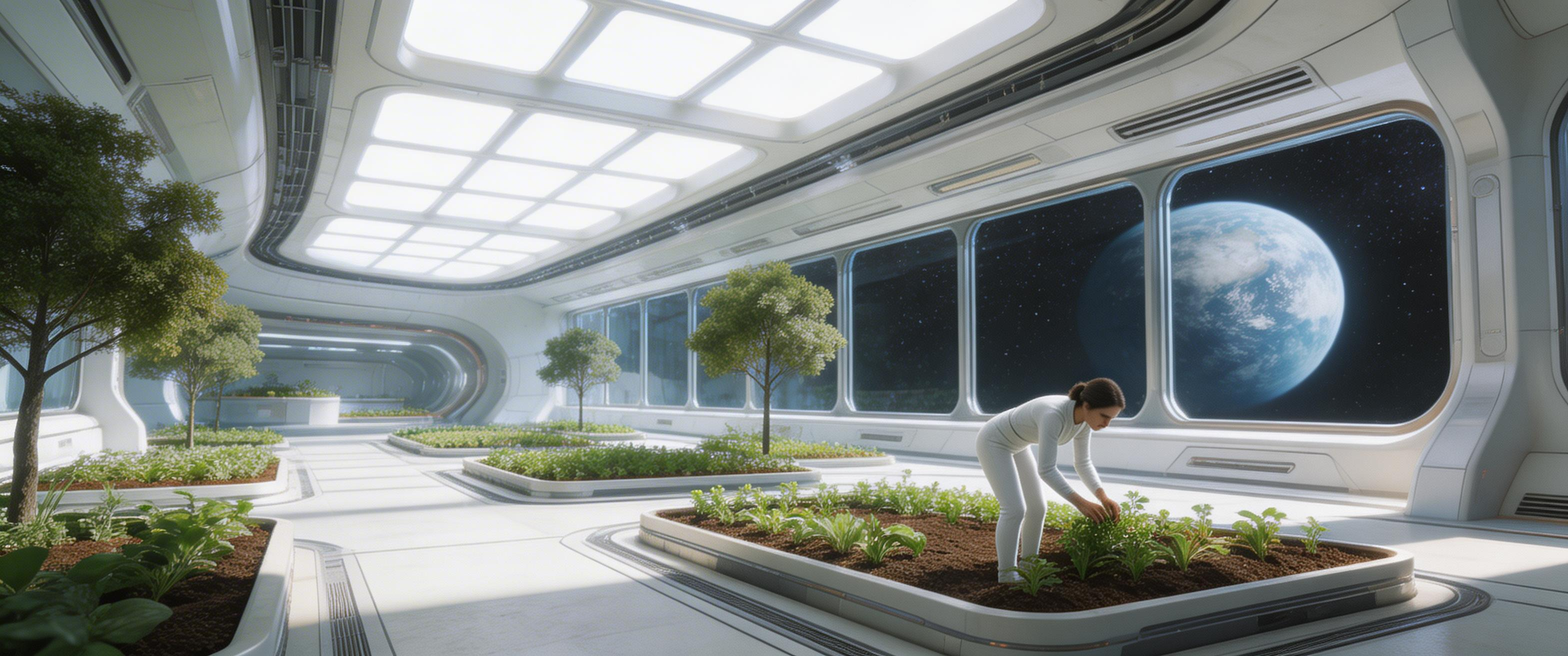 Hard sci-fi botanical garden in orbit with Earth through the windows