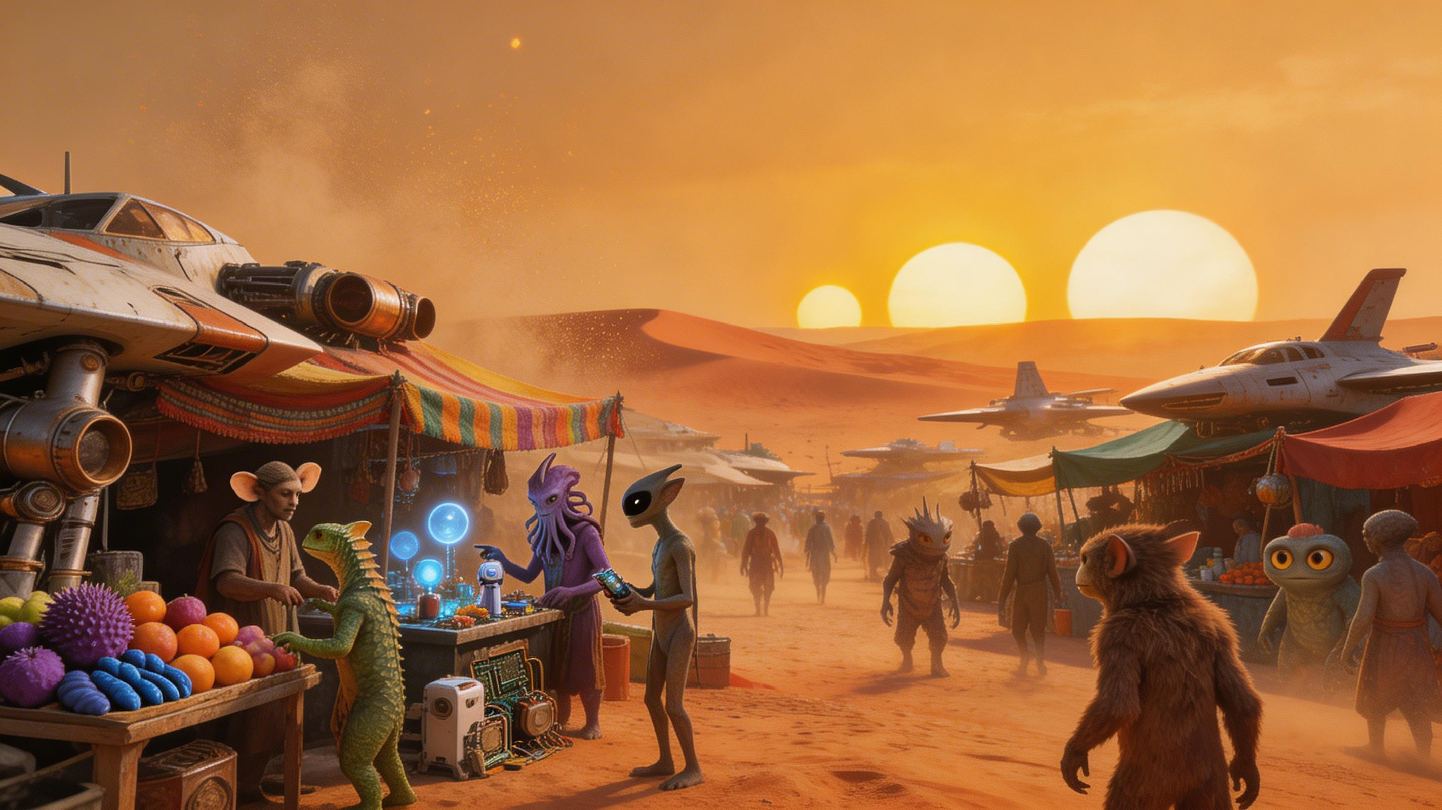 Three suns, salvaged spacecraft stalls, alien species