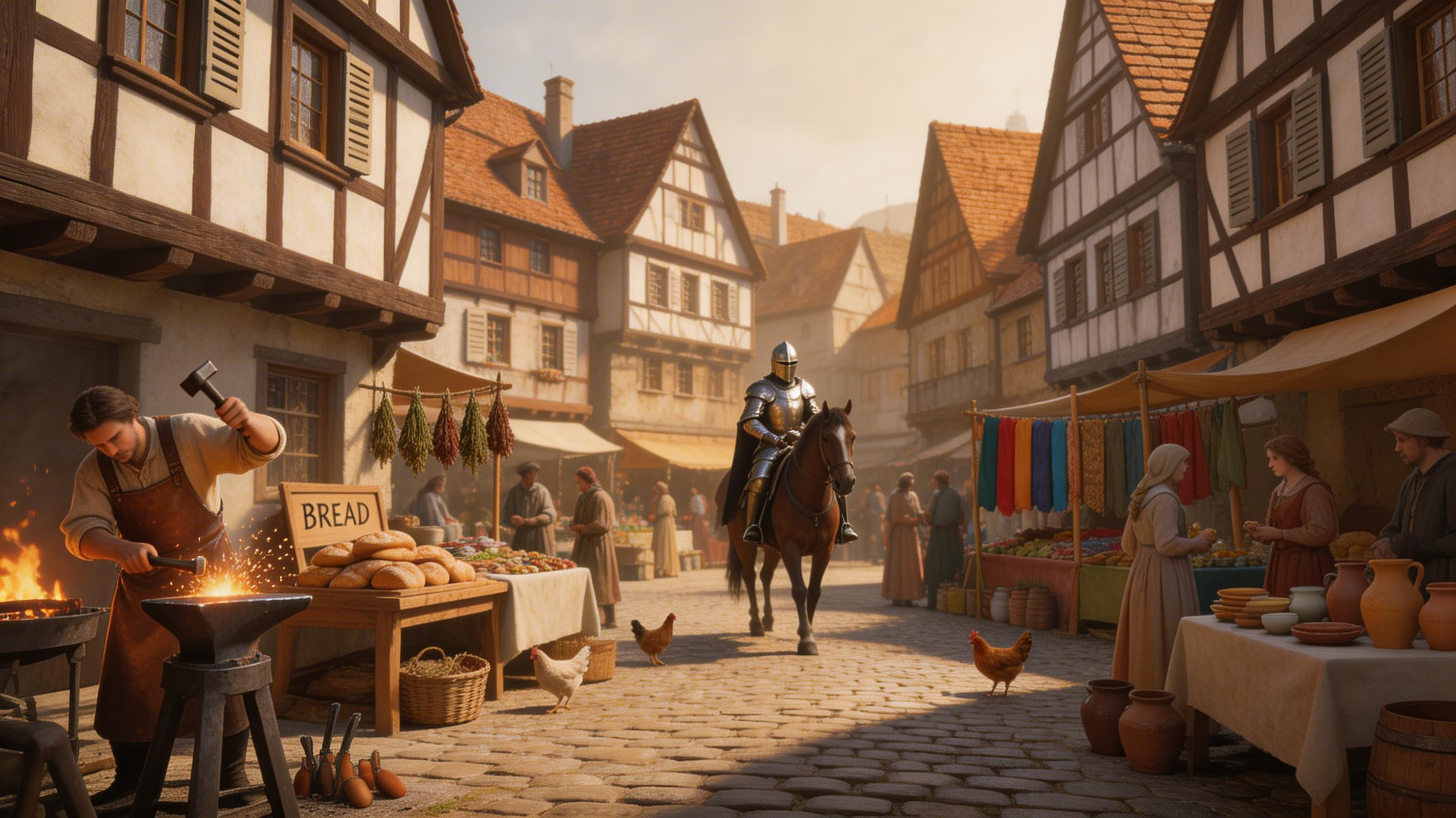 Half-timbered buildings, blacksmith sparks, Vermeer lighting