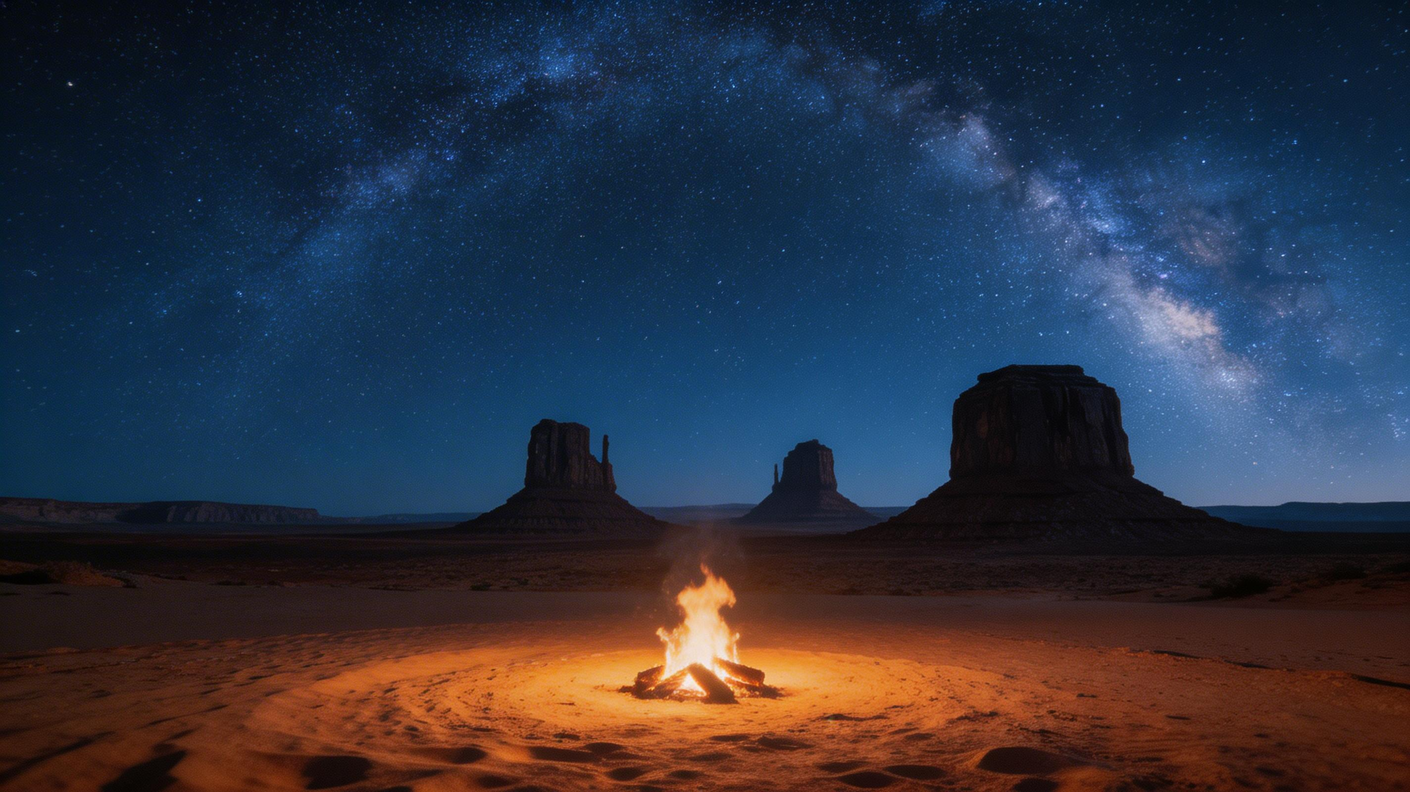 Milky Way arch, campfire warmth vs cool starlight