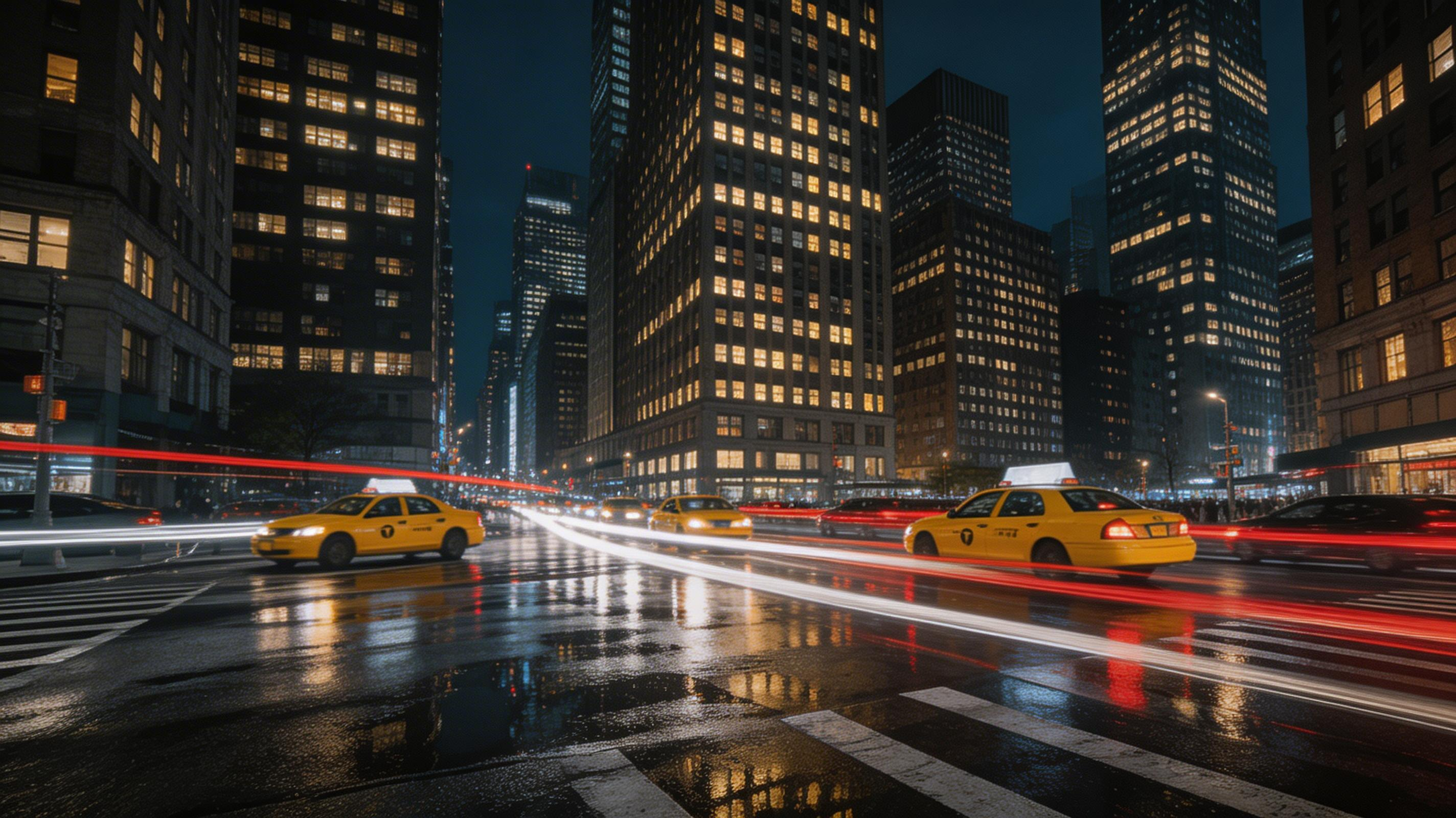 Smooth light trails, wet reflections, thousands of lit windows