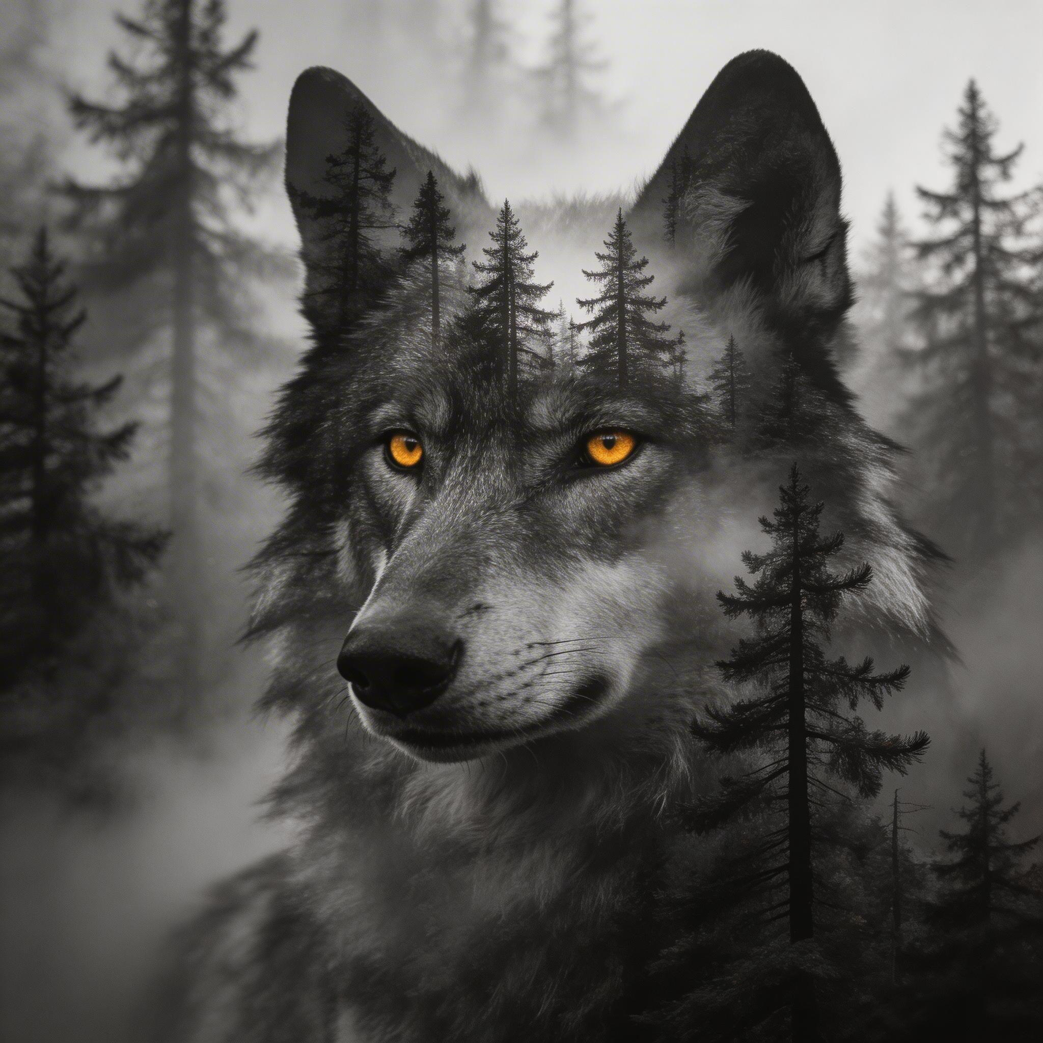 Wolf portrait dissolving into pine forest with amber eyes