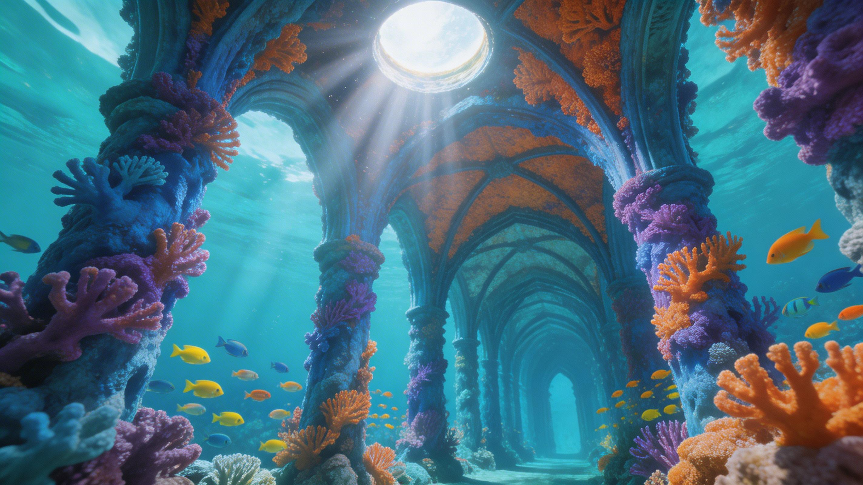 Coral arches like cathedral windows with god rays from above