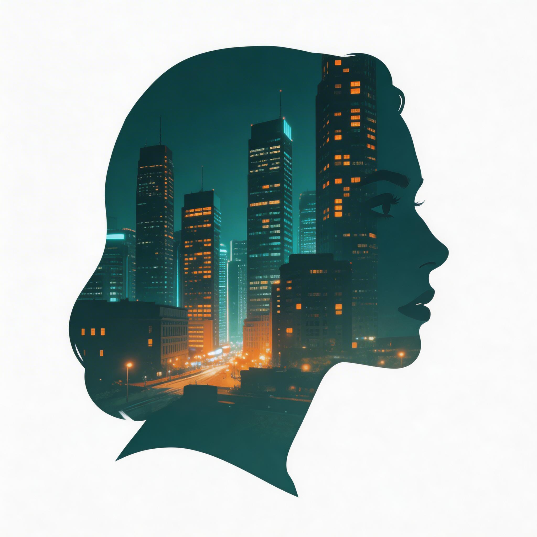 Profile silhouette filled with city lights