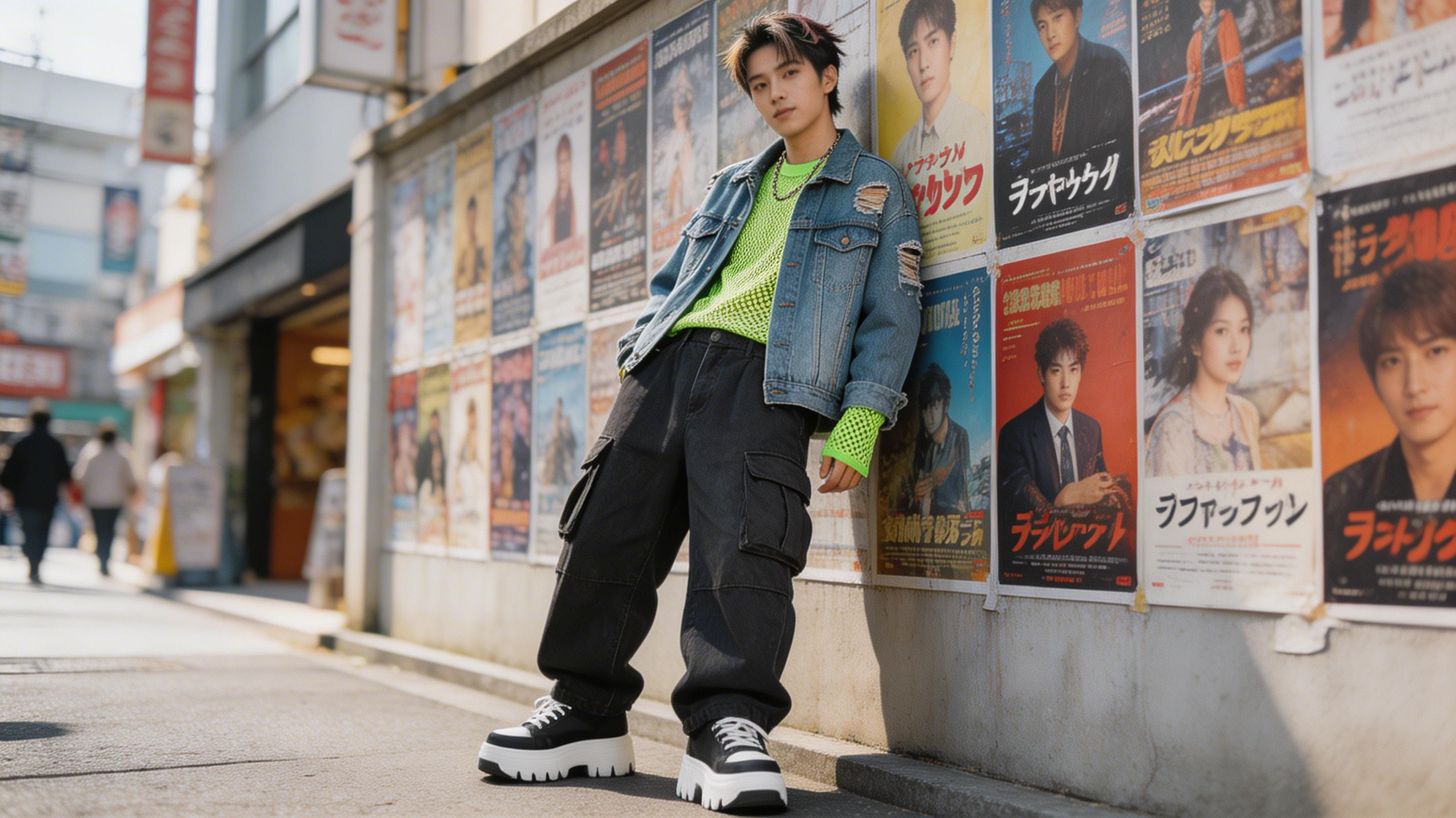 Avant-garde layers, deconstructed denim, neon accents