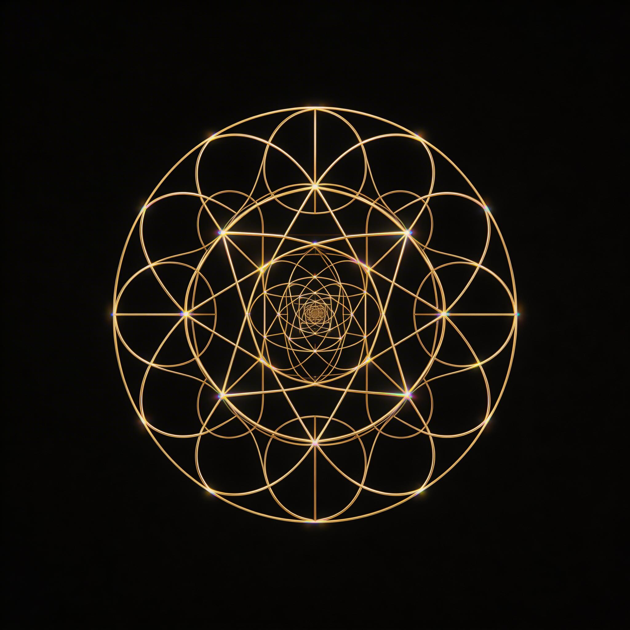 Gold sacred geometry on black with Fibonacci spirals