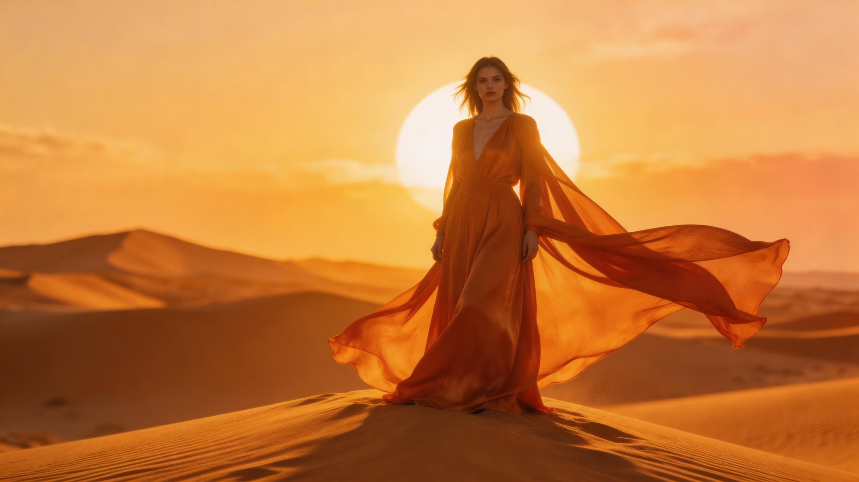 Burnt orange silk billowing in desert wind