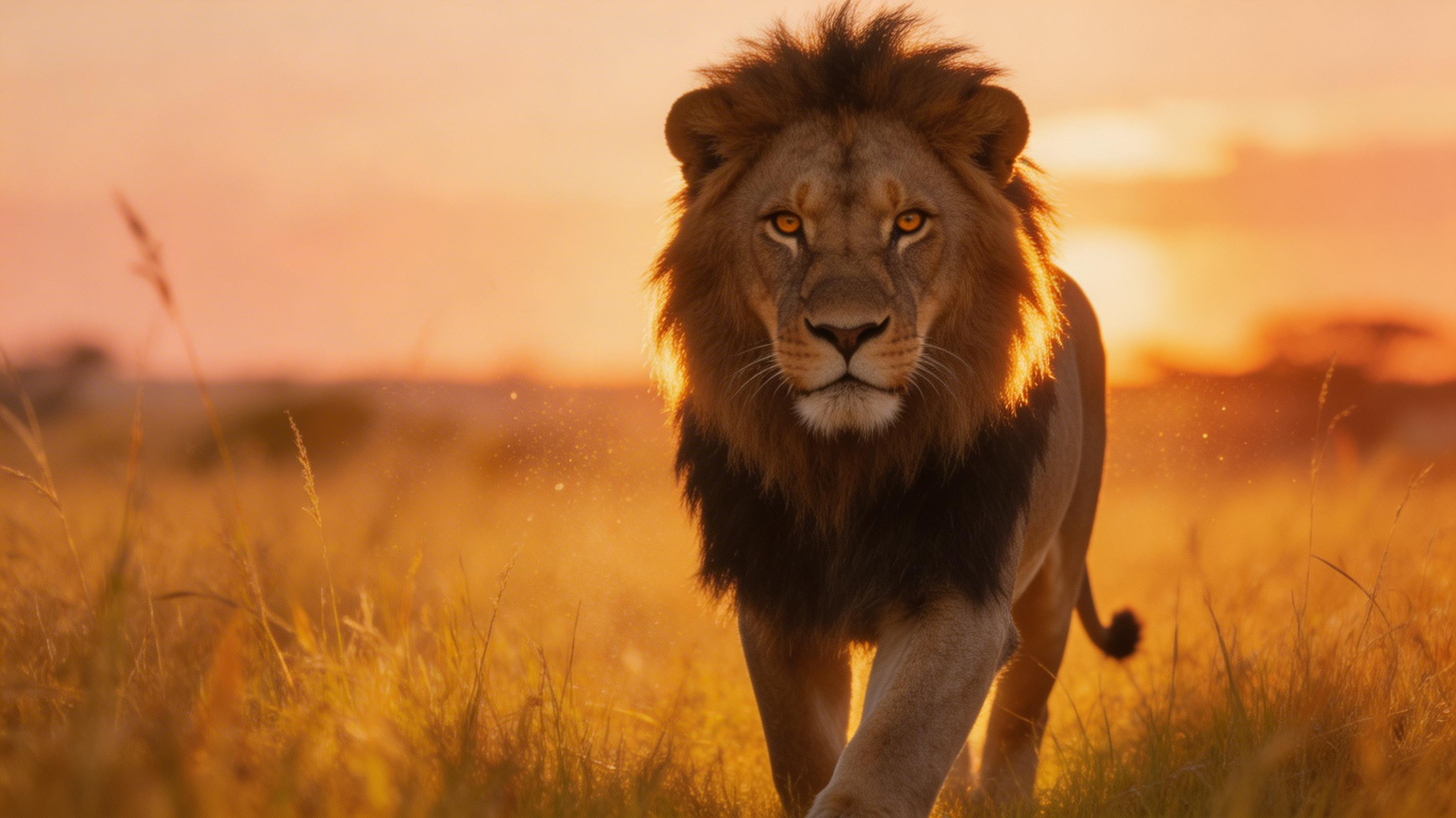 Backlit mane, amber eyes, golden savanna