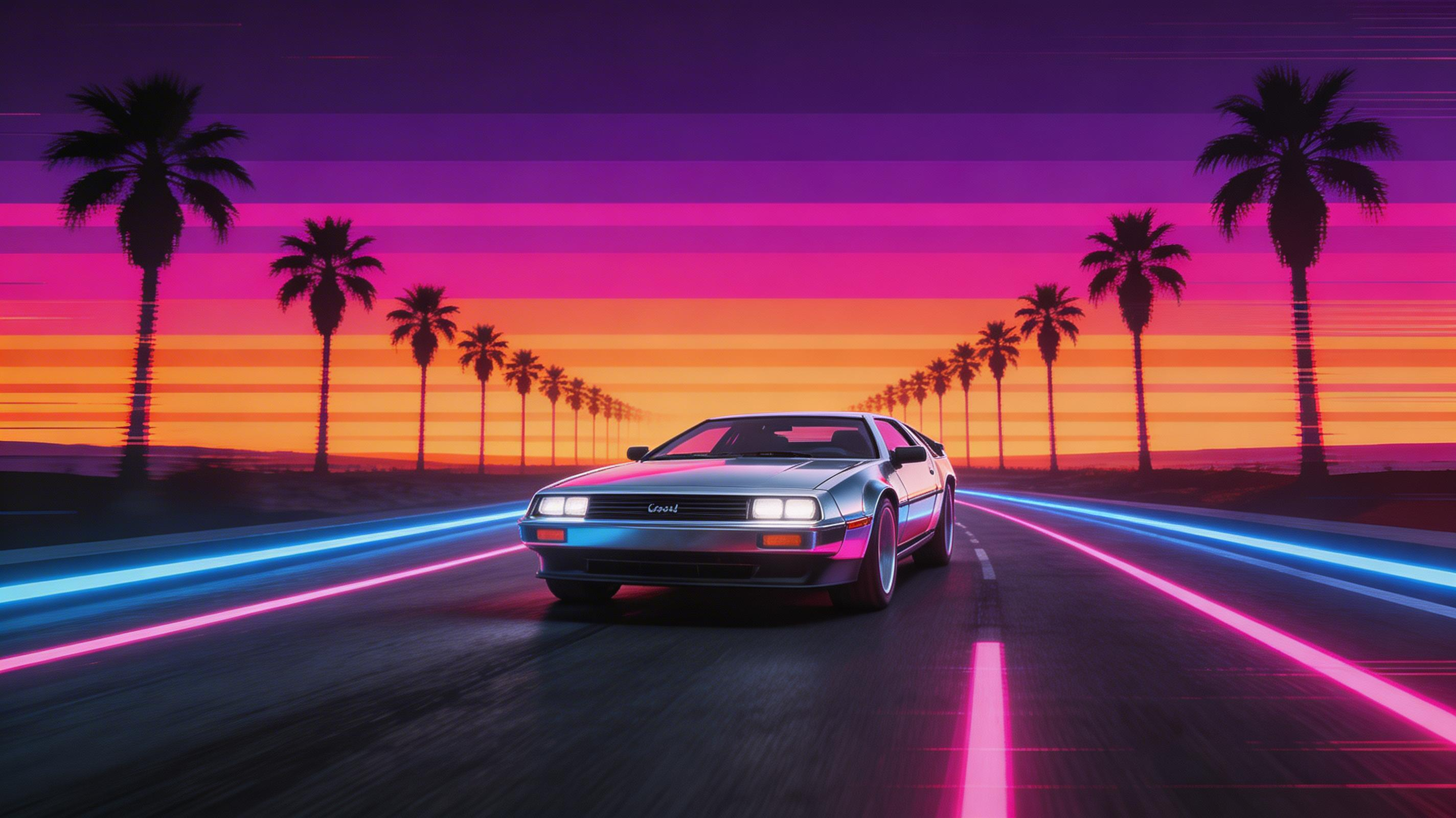 Chrome DeLorean, neon highway, geometric sunset