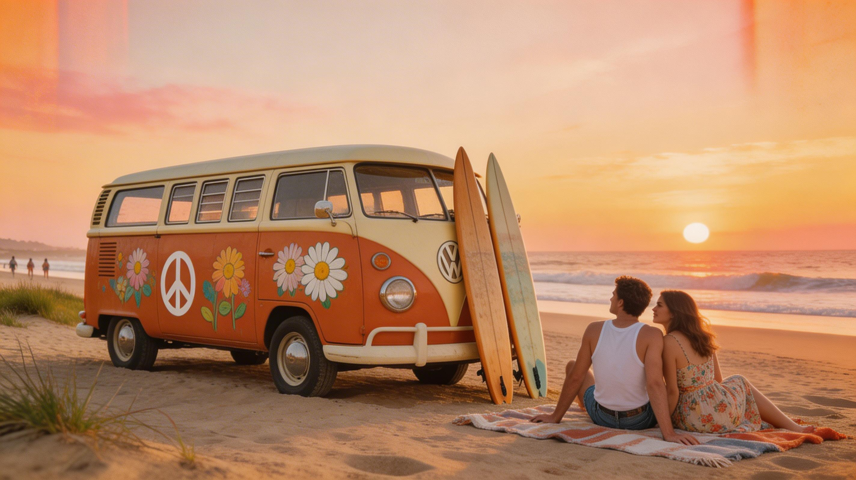 VW van, surfboards, light leaks with Kodak Gold warmth
