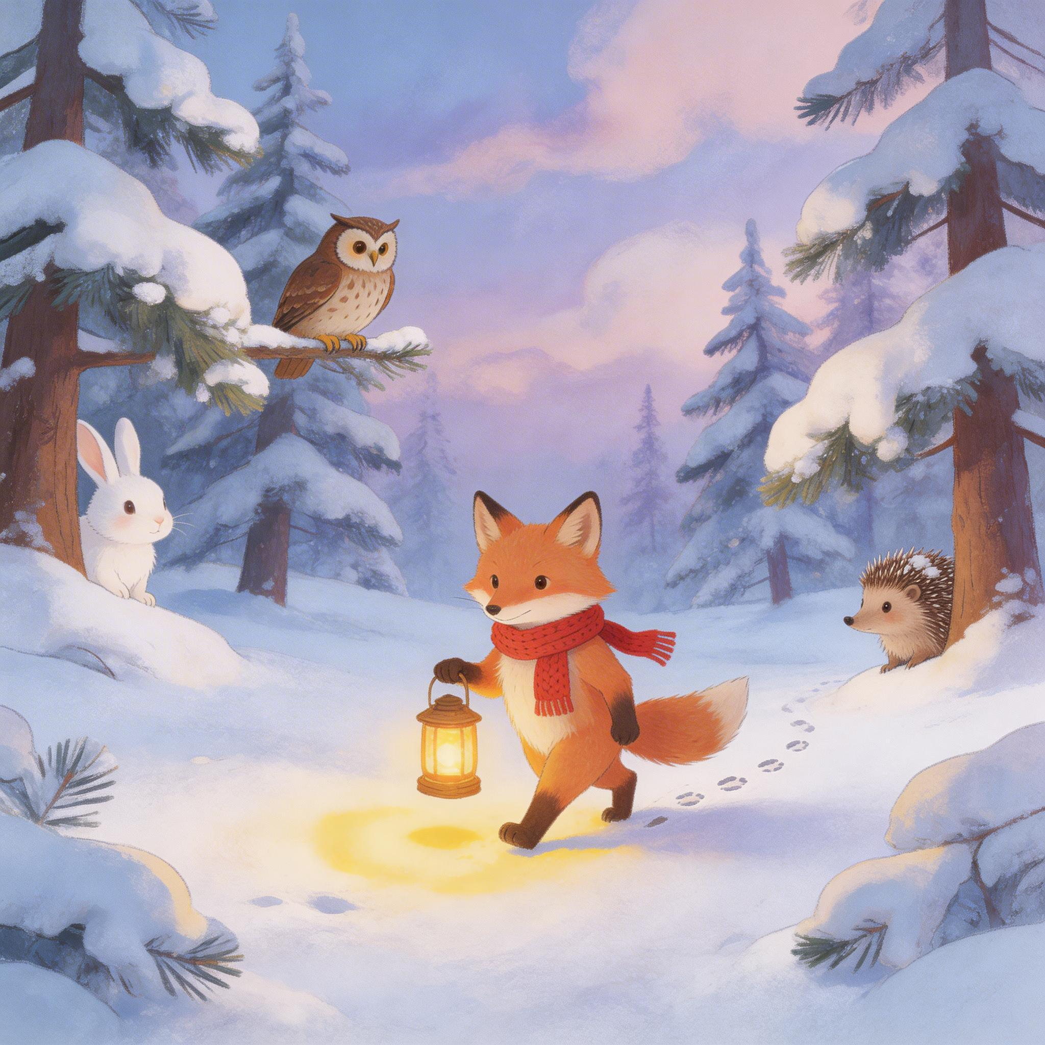 Fox with lantern in winter forest surrounded by woodland friends