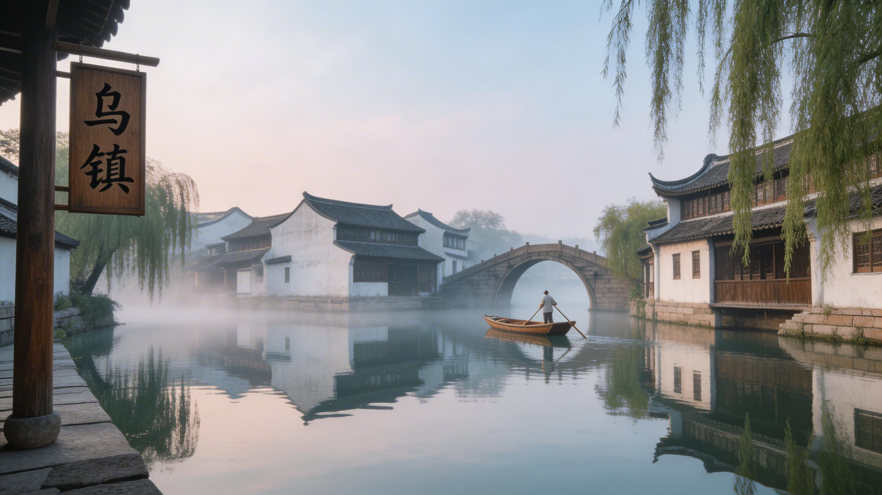 White walls, dark tiles reflected in canals with morning mist