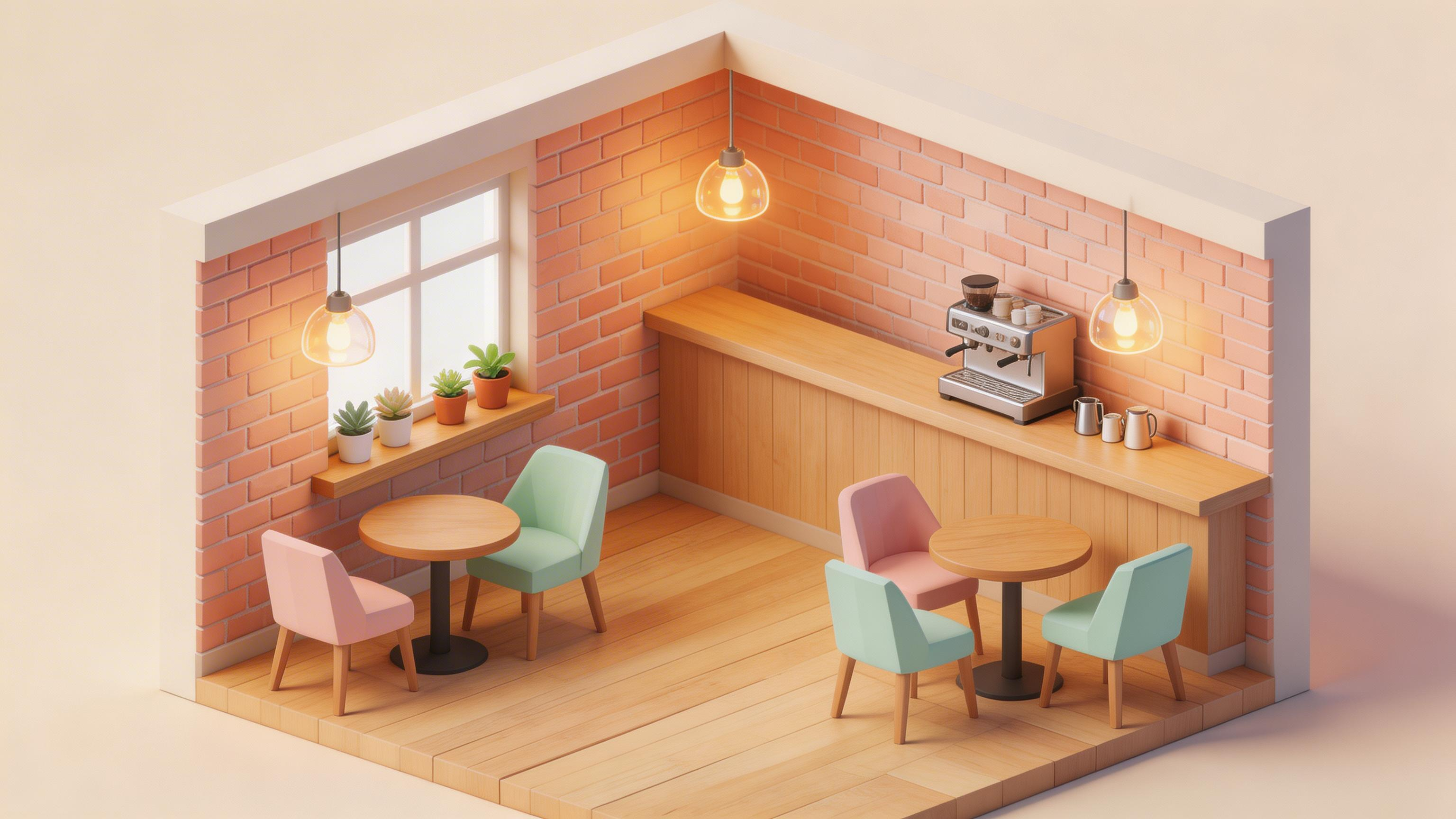 Cutaway cafe in isometric view with low-poly stylized art