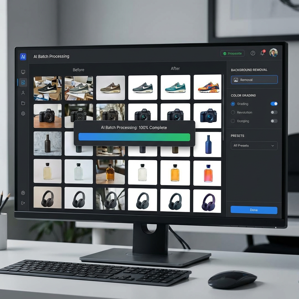 AI batch image processing dashboard showing 20 product photos being edited simultaneously with consistent background removal and color grading