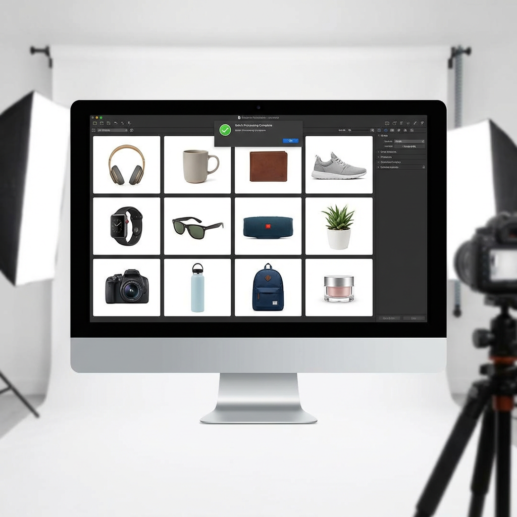 Grid of 12 AI-processed product images with identical white backgrounds and consistent lighting, ecommerce batch processing