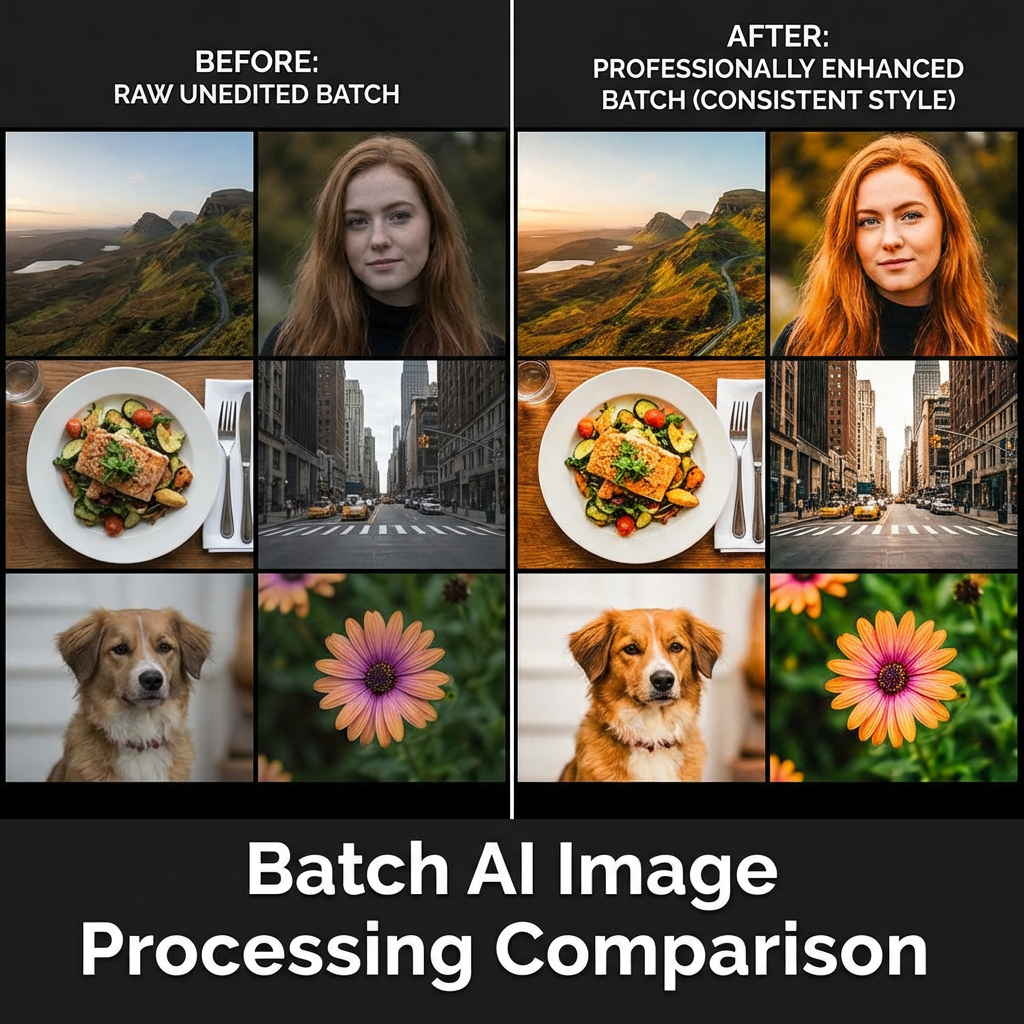 Before and after comparison of batch AI image processing showing 6 raw photos professionally enhanced with consistent style
