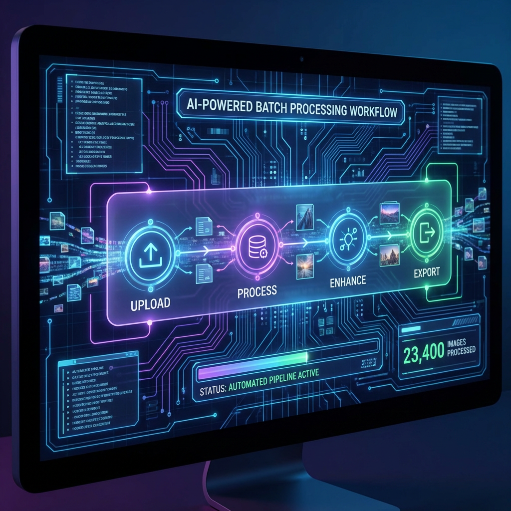 AI-powered batch processing workflow visualization showing images flowing through automated pipeline