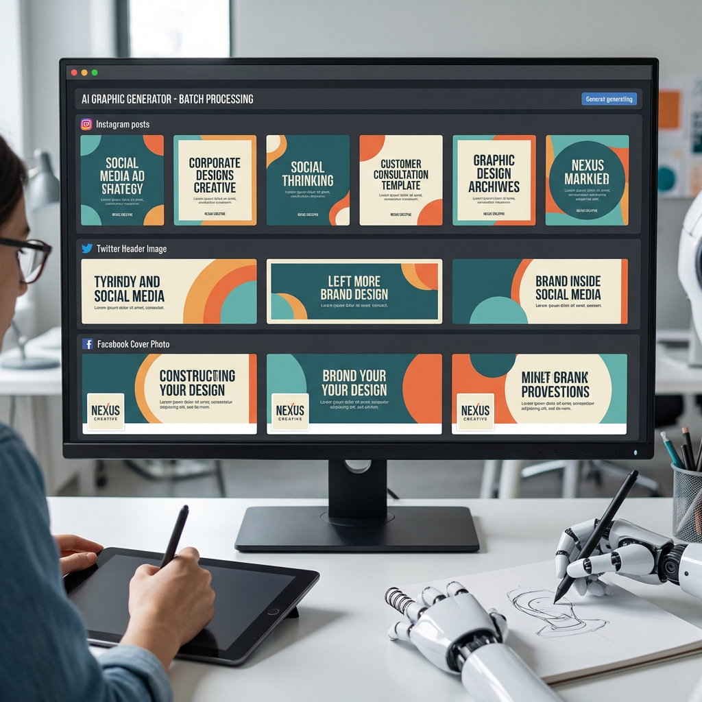 Multiple social media graphics being generated in batch by AI with consistent branding across platforms