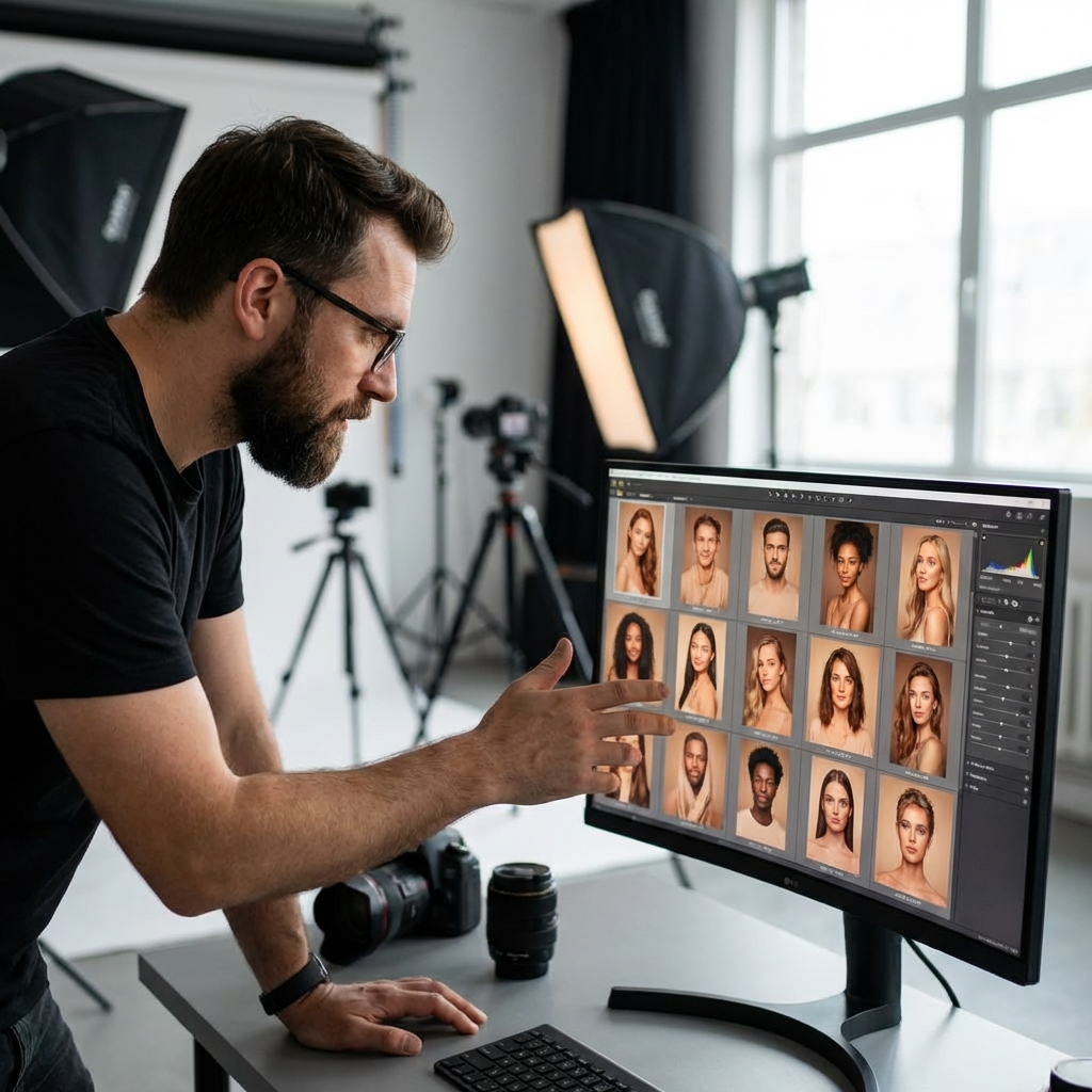 Photographer reviewing a batch of 16 AI-enhanced portrait photos with consistent retouching and color grading