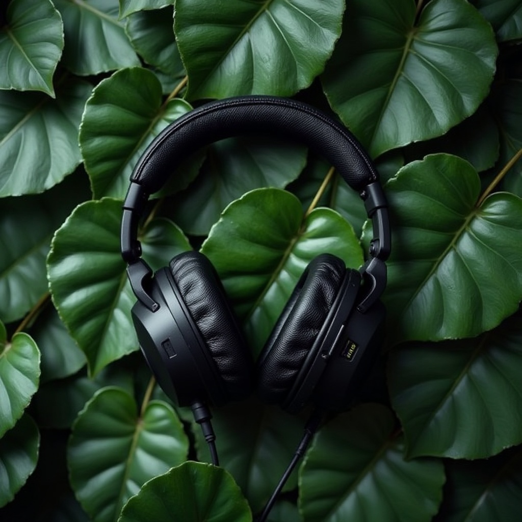 a-background-of-green-leaves-with-a-pair-of-black-587hho8bqk