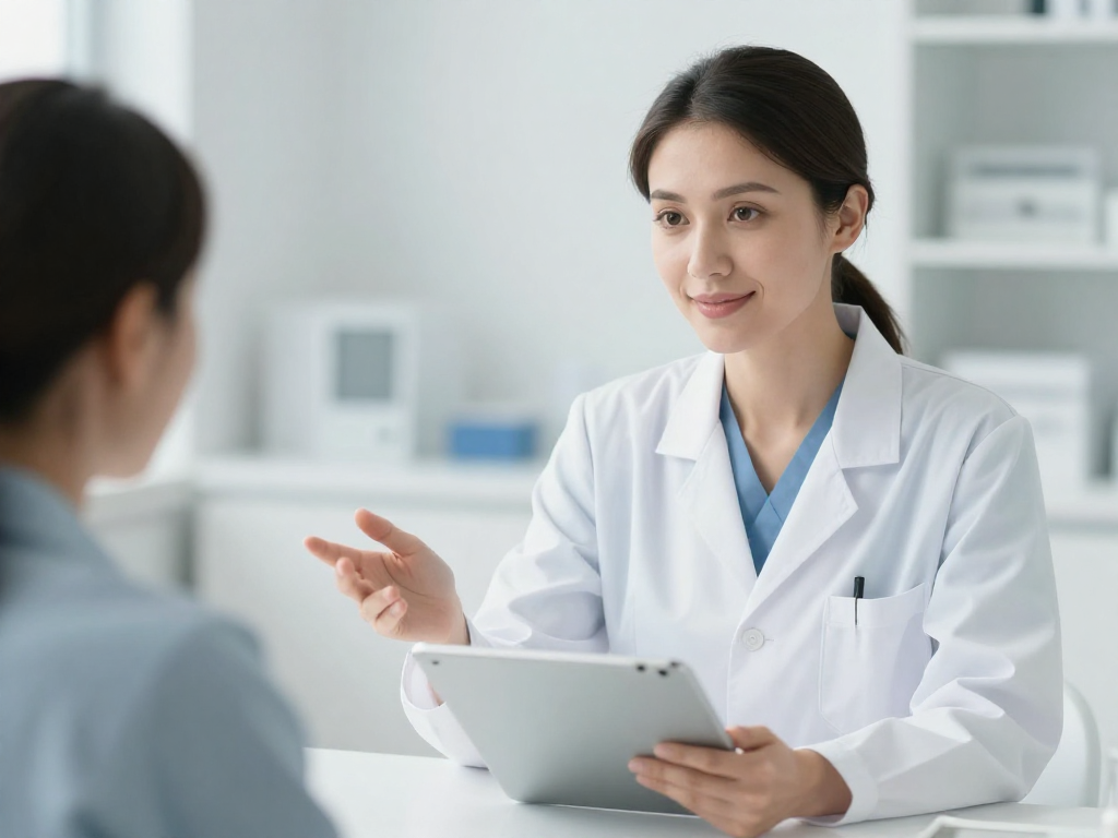 A Caucasian female doctor with a warm, empathetic expression, wearing a white lab coat, in a modern, clean clinical setting. She is sitting across from a patient (out of frame) and gently gesturing with one hand while holding a medical chart or tablet in the other. The background is softly blurred but suggests a professional and calming environment. A Caucasian female doctor with a warm, empathetic expression, wearing a white lab coat, in a modern, clean clinical setting. She is sitting across from a patient (out of frame) and gently gesturing with one hand while holding a medical chart or tablet in the other. The background is softly blurred but suggests a professional and calming environment.