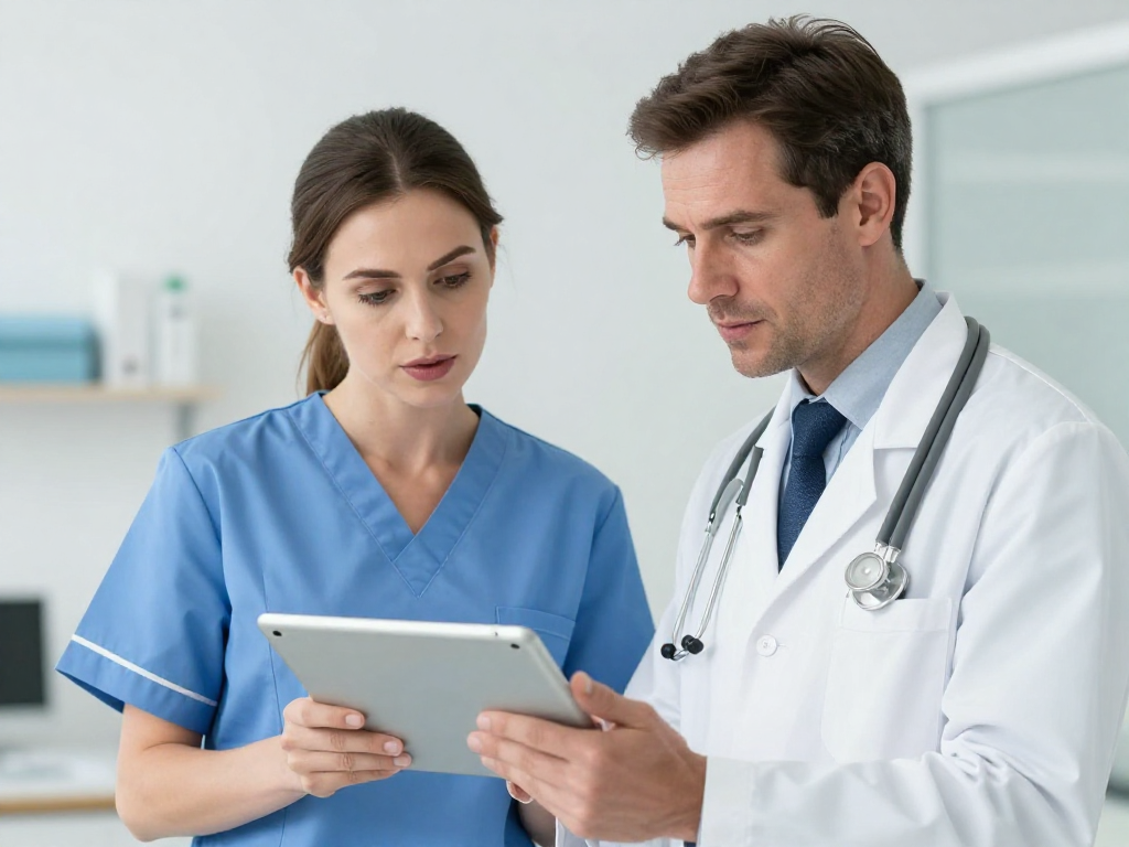 A Caucasian male doctor and a Caucasian female nurse, both in professional medical attire, consulting together over a digital tablet in a modern clinic. They are looking at the screen with focused and collaborative expressions, demonstrating teamwork and patient-centered care. The background is a clean, well-lit clinic environment. A Caucasian male doctor and a Caucasian female nurse, both in professional medical attire, consulting together over a digital tablet in a modern clinic. They are looking at the screen with focused and collaborative expressions, demonstrating teamwork and patient-centered care. The background is a clean, well-lit clinic environment.