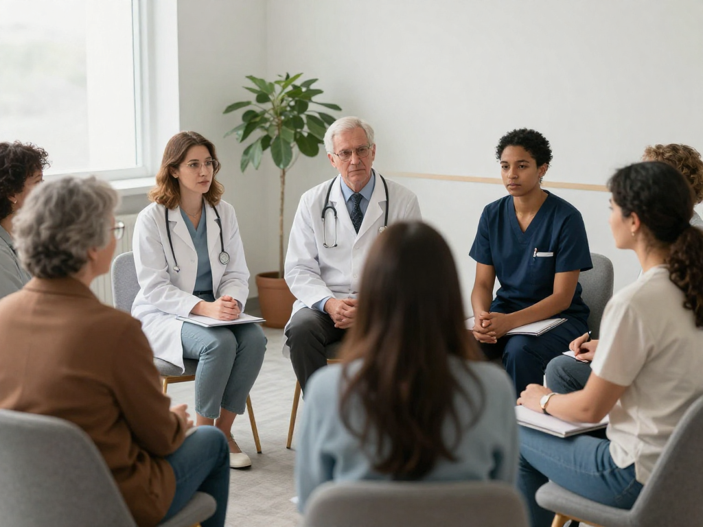 A diverse group of Caucasian patients and clinicians (one doctor, one nurse, two patients) engaged in a compassionate and educational group discussion in a comfortable, modern consultation room. The atmosphere is supportive and collaborative, with everyone actively listening or contributing. No medical equipment is prominently visible. A diverse group of Caucasian patients and clinicians (one doctor, one nurse, two patients) engaged in a compassionate and educational group discussion in a comfortable, modern consultation room. The atmosphere is supportive and collaborative, with everyone actively listening or contributing. No medical equipment is prominently visible.