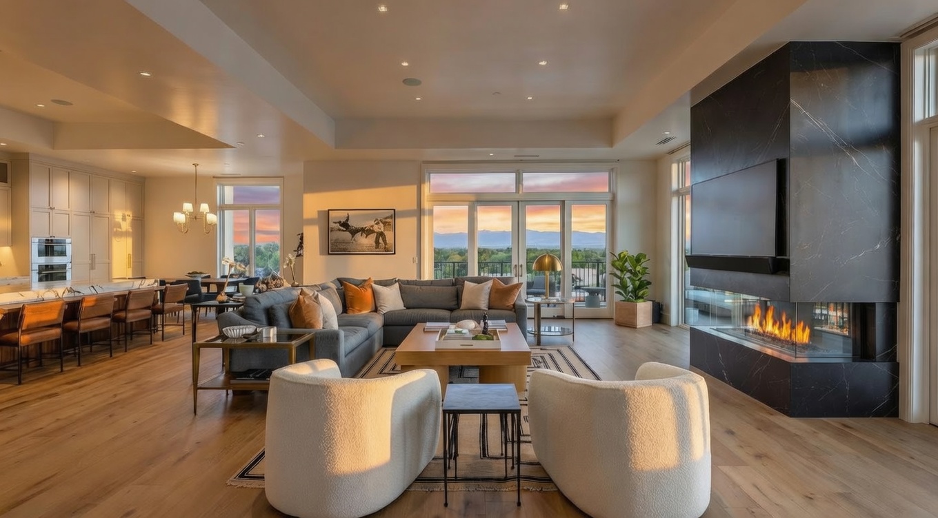 This is a well-lit, inviting living room featuring hardwood floors, a modern fireplace, and neutral-toned furniture. The open-concept design flows seamlessly into the kitchen and dining area, creating a spacious and airy feel. Large windows offer scenic views, enhancing the room's overall appeal.