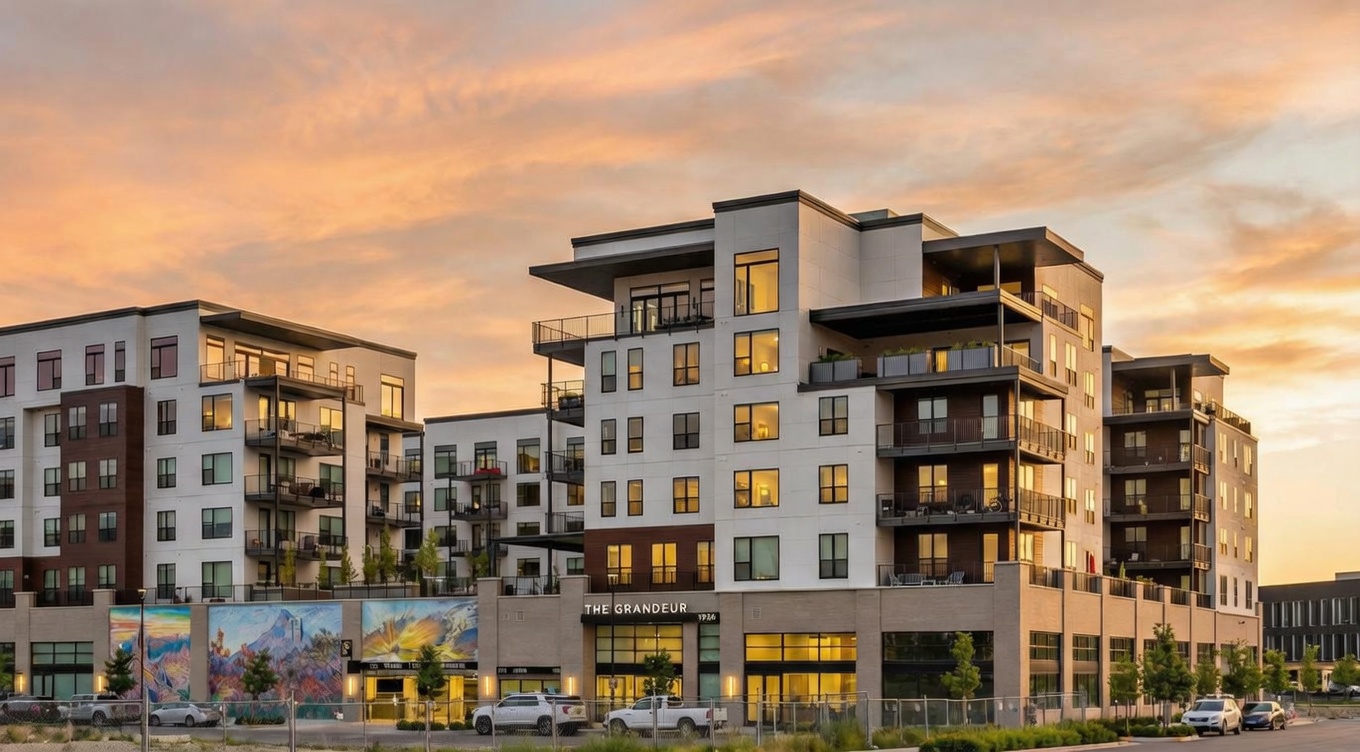 This is a front view of a modern apartment complex, featuring clean lines, a mix of white and brown paneling, and multiple balconies. The building is named 'The Grandeur' and appears to be well-maintained. The colorful mural along the base adds an artistic element.