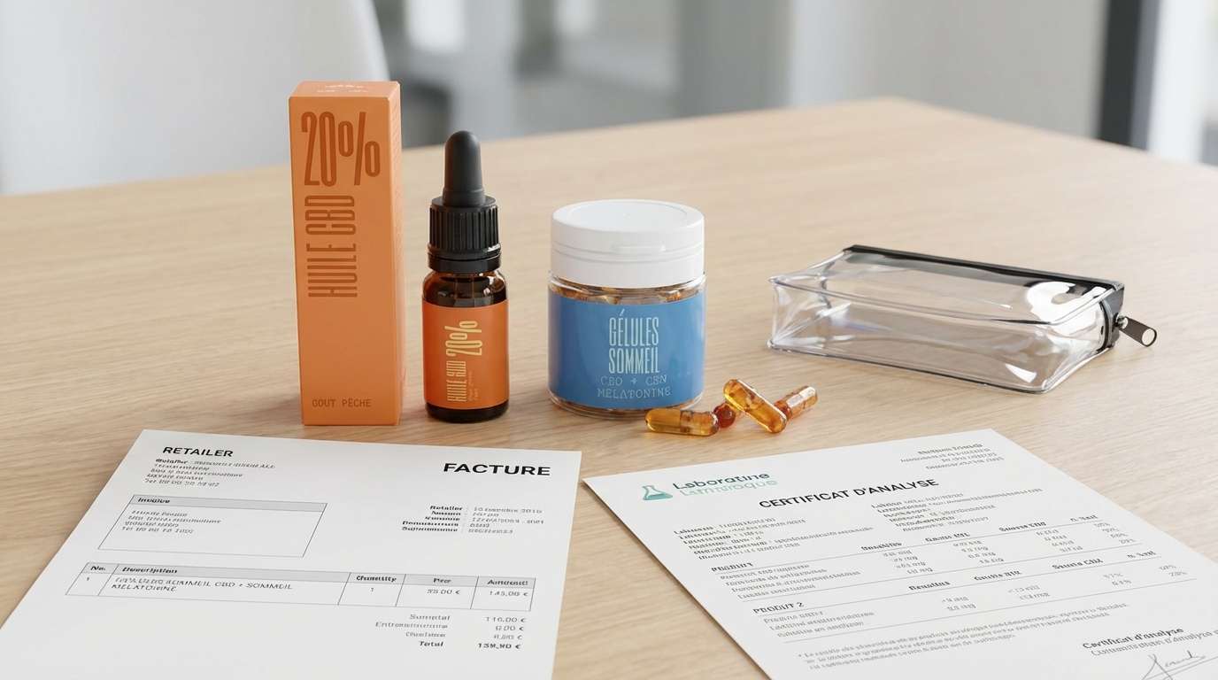 Produits CBD bien conditionnés avec documentation pour le voyage