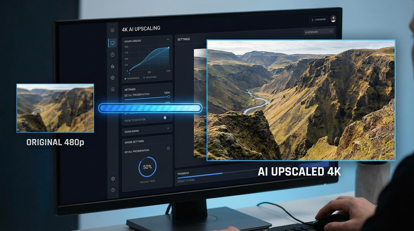 4K AI upscaling interface showing a small thumbnail being enlarged to a massive high-resolution image with perfect detail preservation
