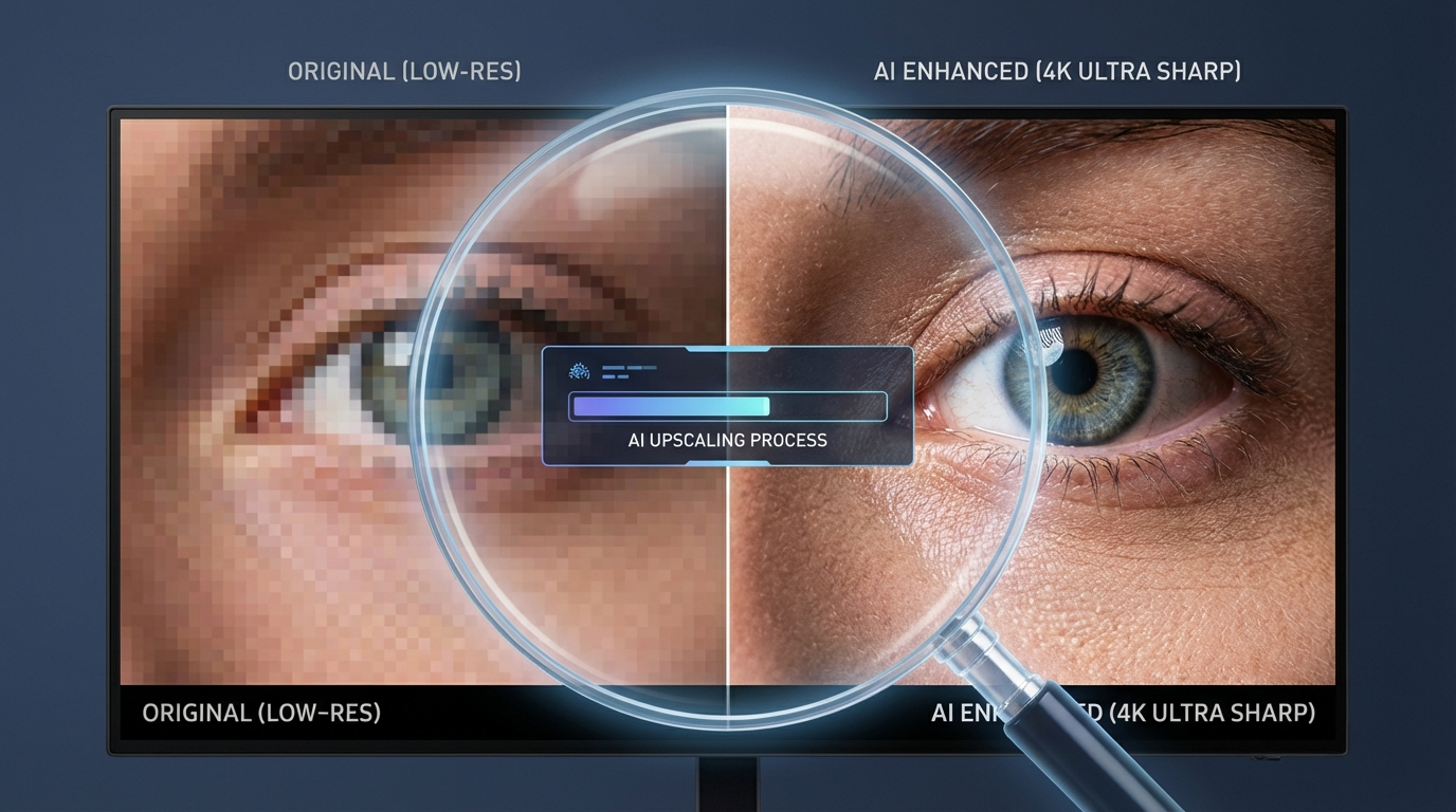 Close-up comparison showing pixel-level detail improvement from AI upscaling with magnifying glass effect