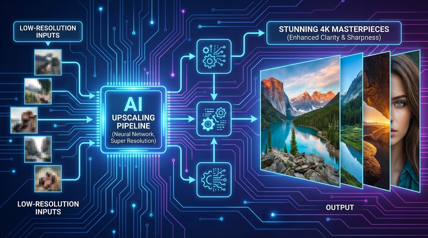 AI upscaling workflow visualization showing multiple low-resolution images being processed into 4K masterpieces