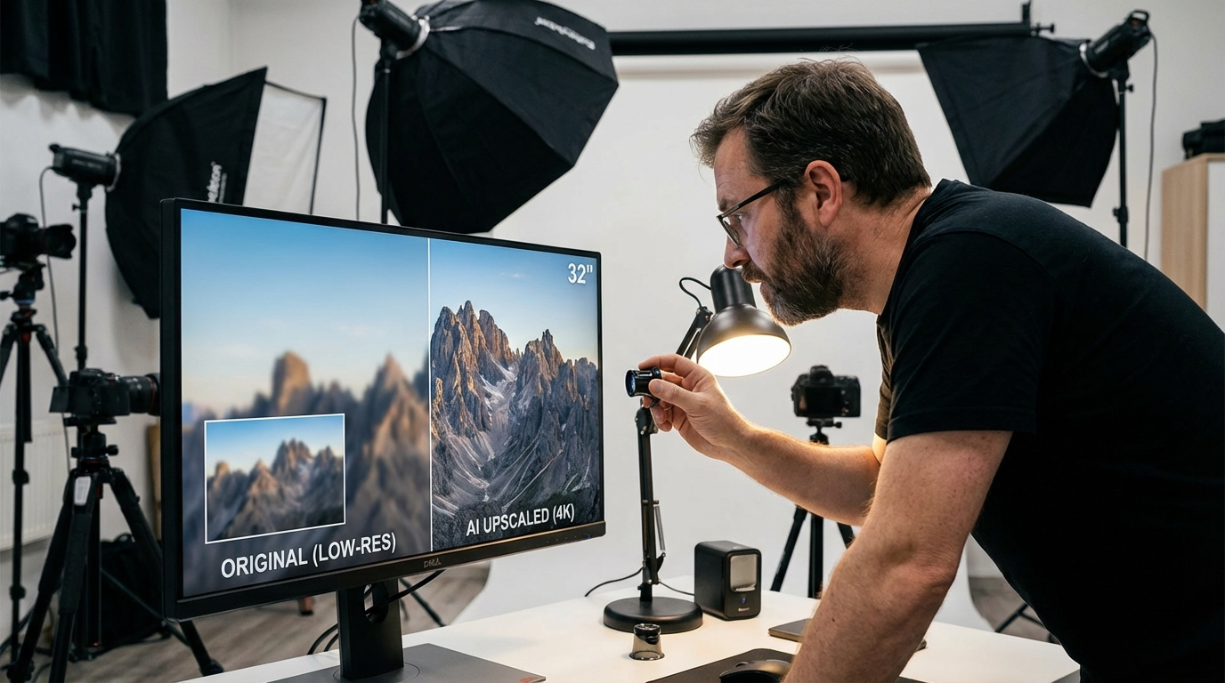 Professional photographer viewing AI-upscaled 4K image on a large monitor with incredible detail