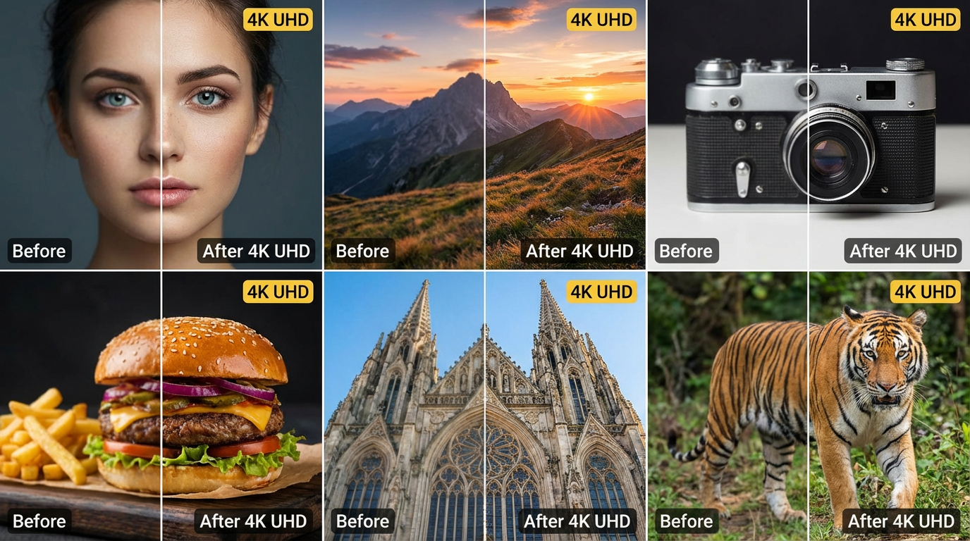 Grid of AI upscaling results across different subjects — portrait, landscape, product, food, architecture, and wildlife — all enhanced to 4K