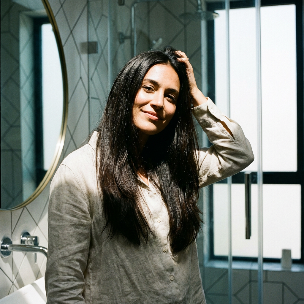 Woman examining her hair part in the mirror