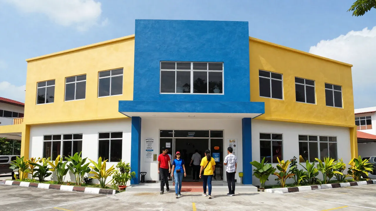A modern language center exterior in Petaling Jaya, Malaysia with students entering and exiting.