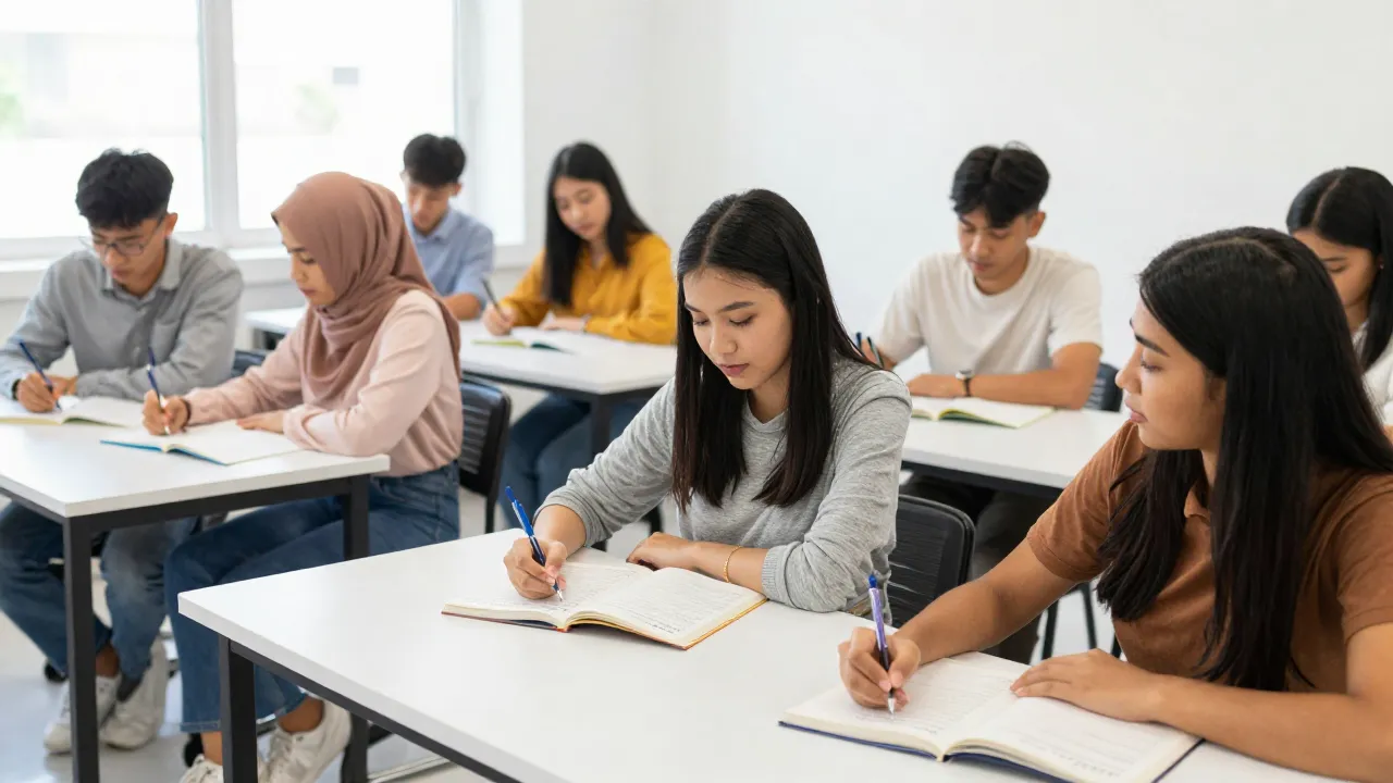 Diverse group of students learning English together in a bright classroom.