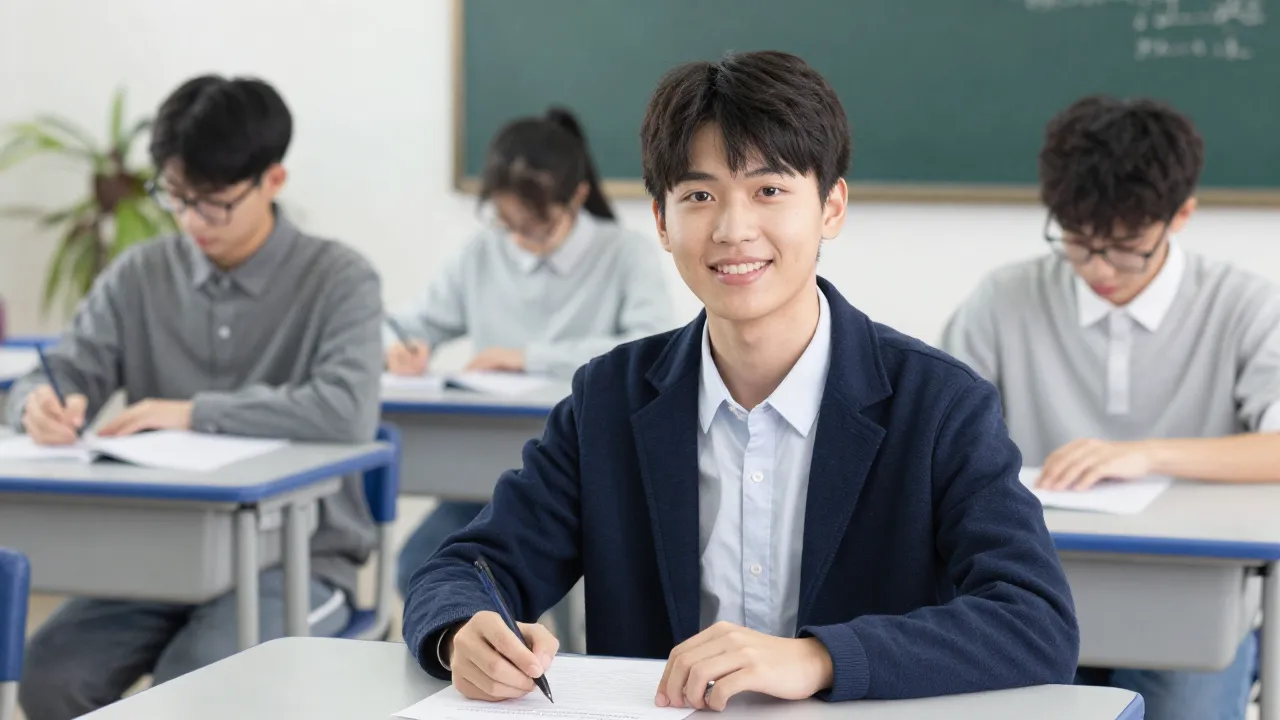 A student confidently completing an English exam in a modern testing environment.