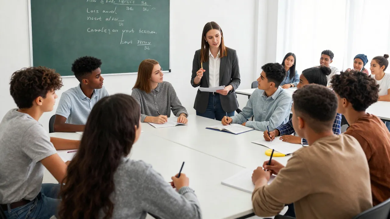 Students from various backgrounds in a lively English discussion with a teacher facilitating.
